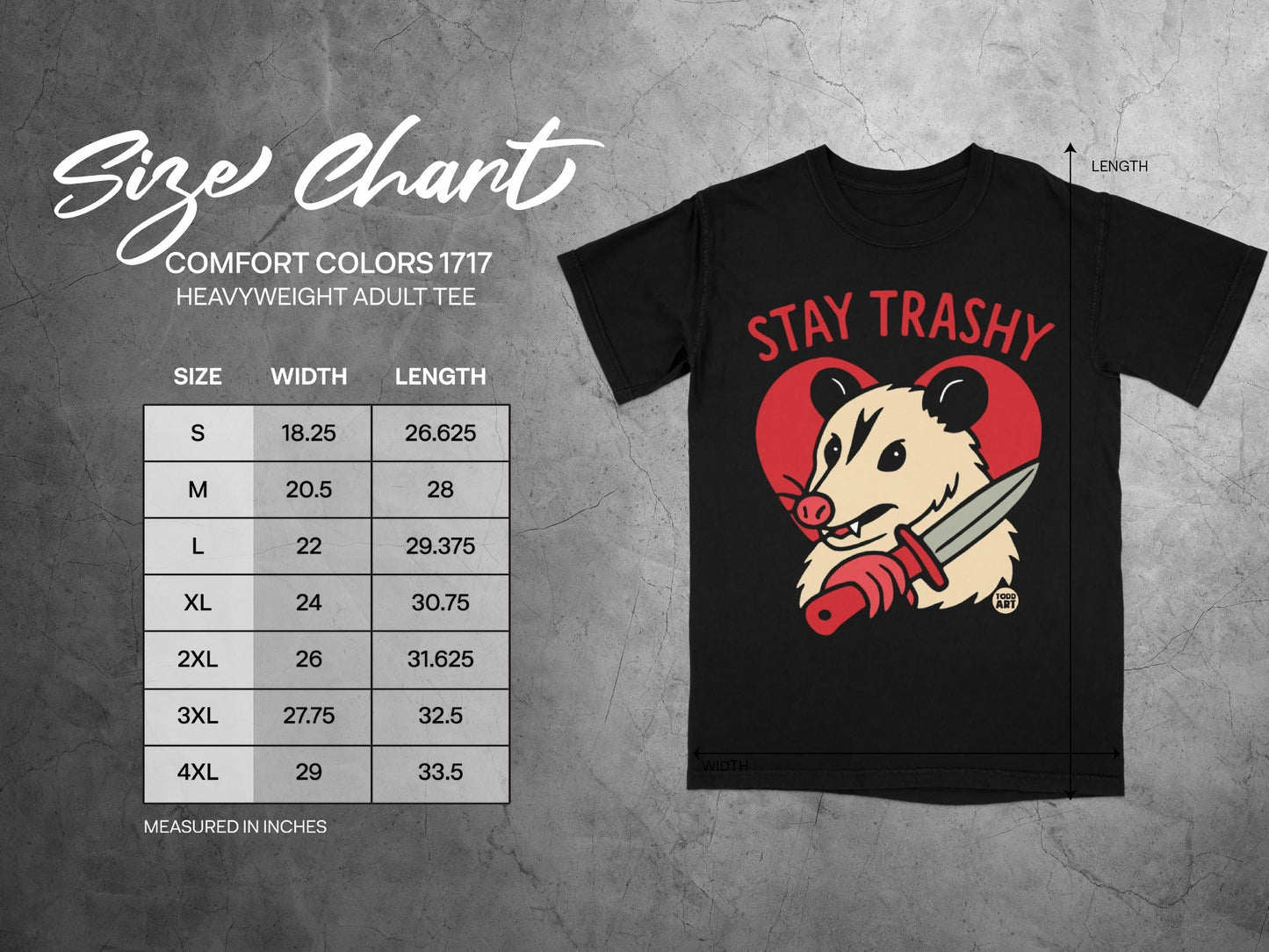Size chart for Heavyweight Adult Tee with "Stay Trashy" graphic on t-shirt.