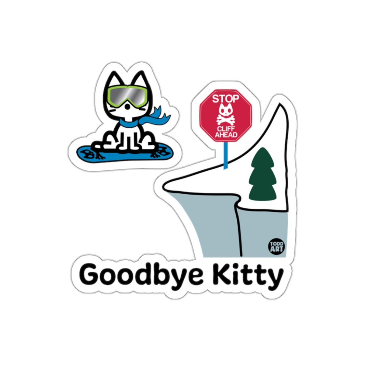 Goodbye Kitty Snowboarding Sticker with Cliff Warning