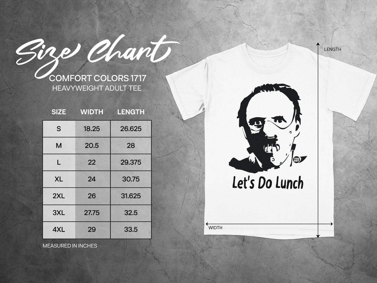 Comfort Colors 1717 heavyweight adult tee size chart with "Let's Do Lunch" graphic.