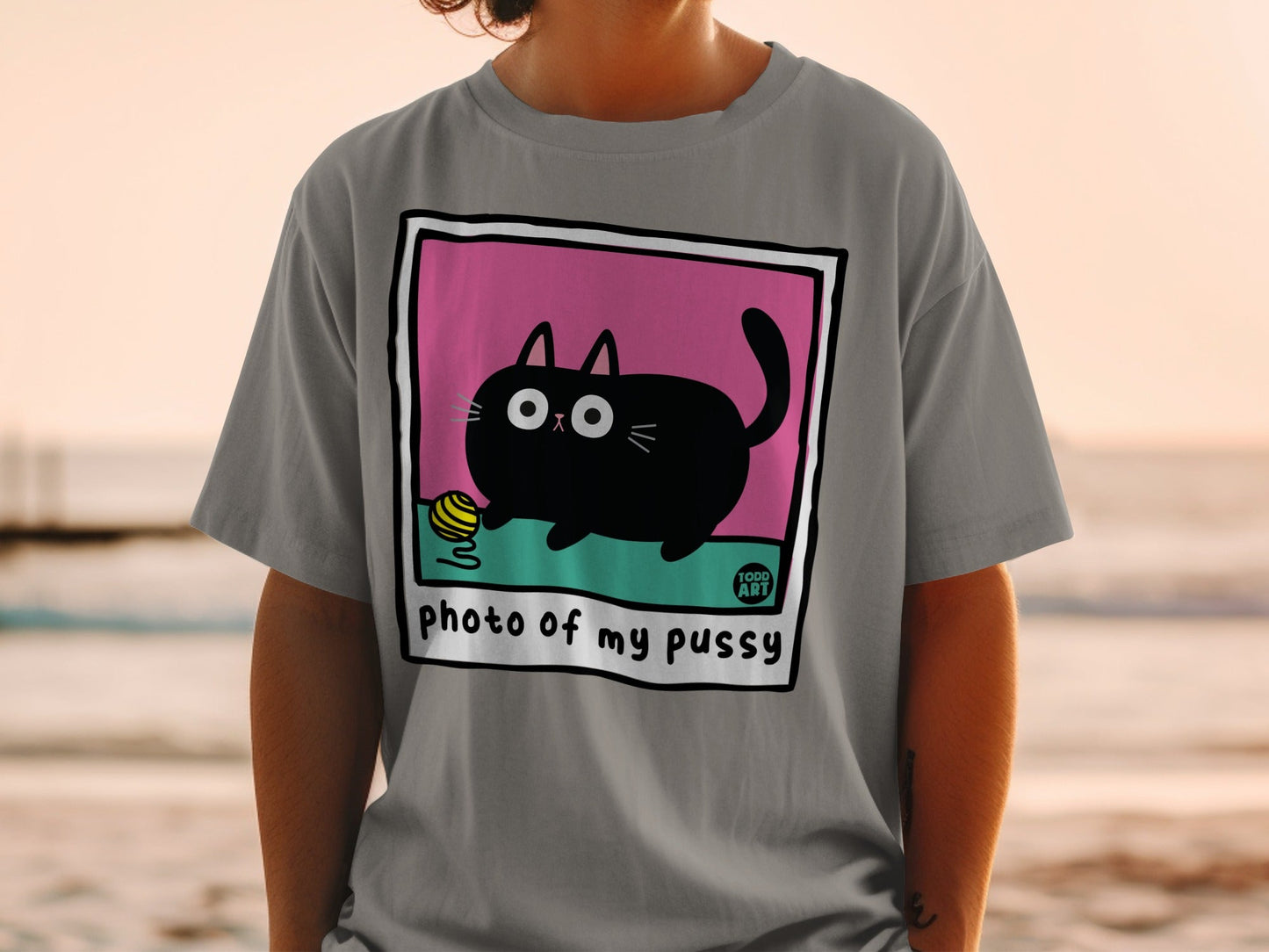 Grey t-shirt with cartoon cat holding yarn, text "photo of my pussy".