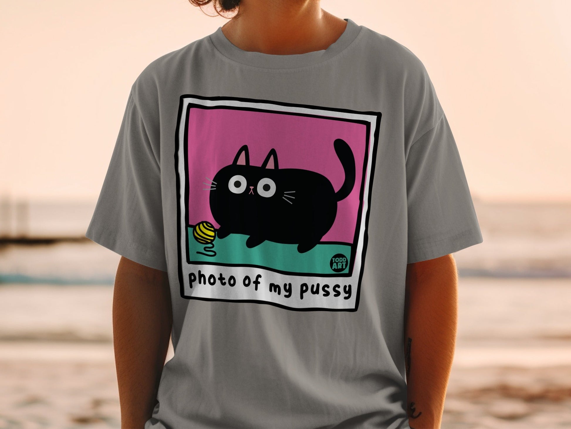 Grey t-shirt with cartoon cat holding yarn, text "photo of my pussy".