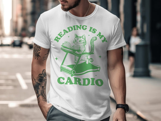 Reading Is My Cardio Funny Cat on Treadmill T-shirt