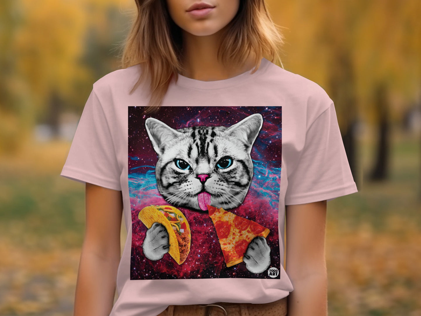 Cat Eating Pizza and Taco Printed T-Shirt product type
