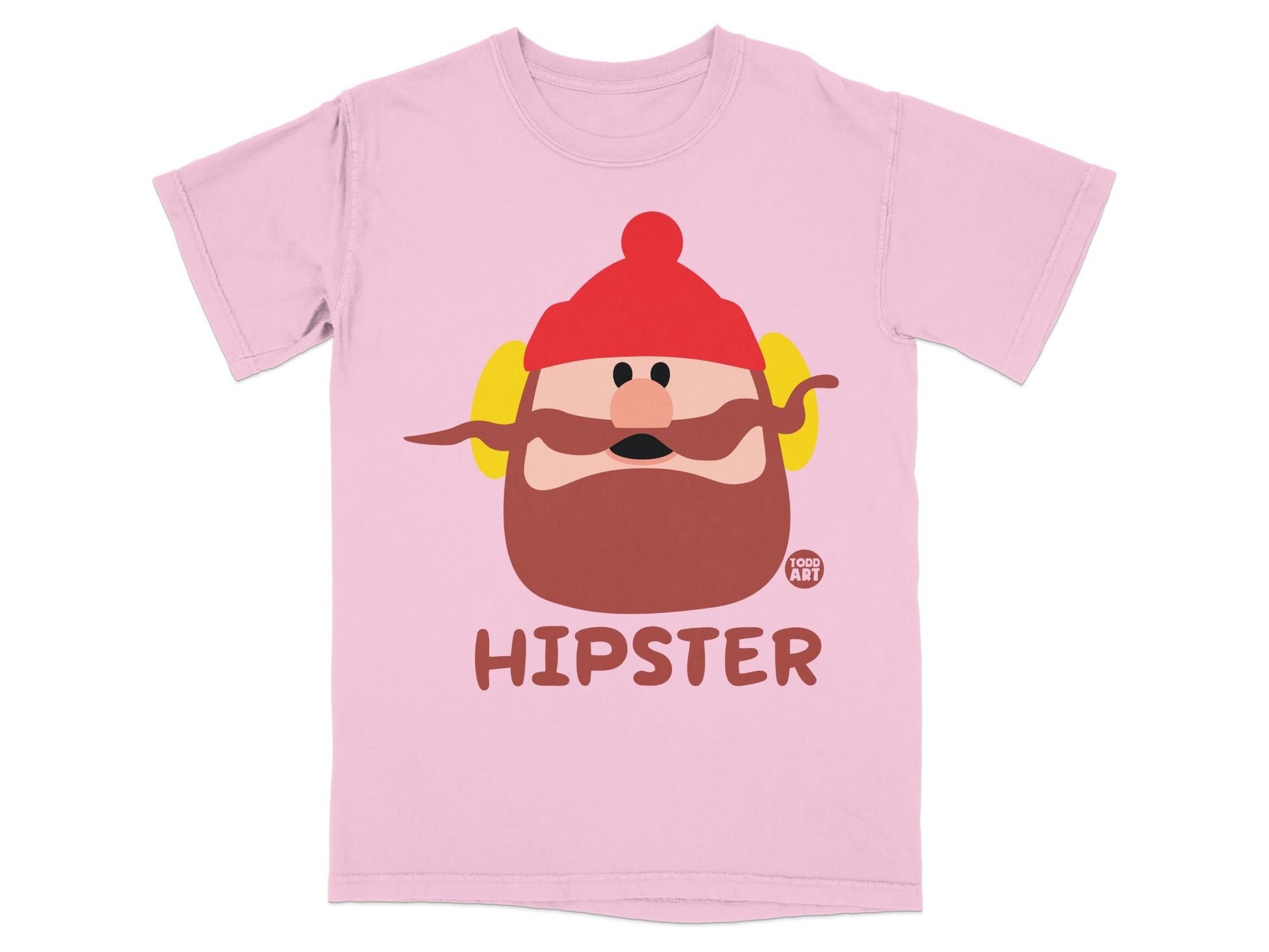 Pink t-shirt with a cartoon hipster character and "TODD ART" logo.