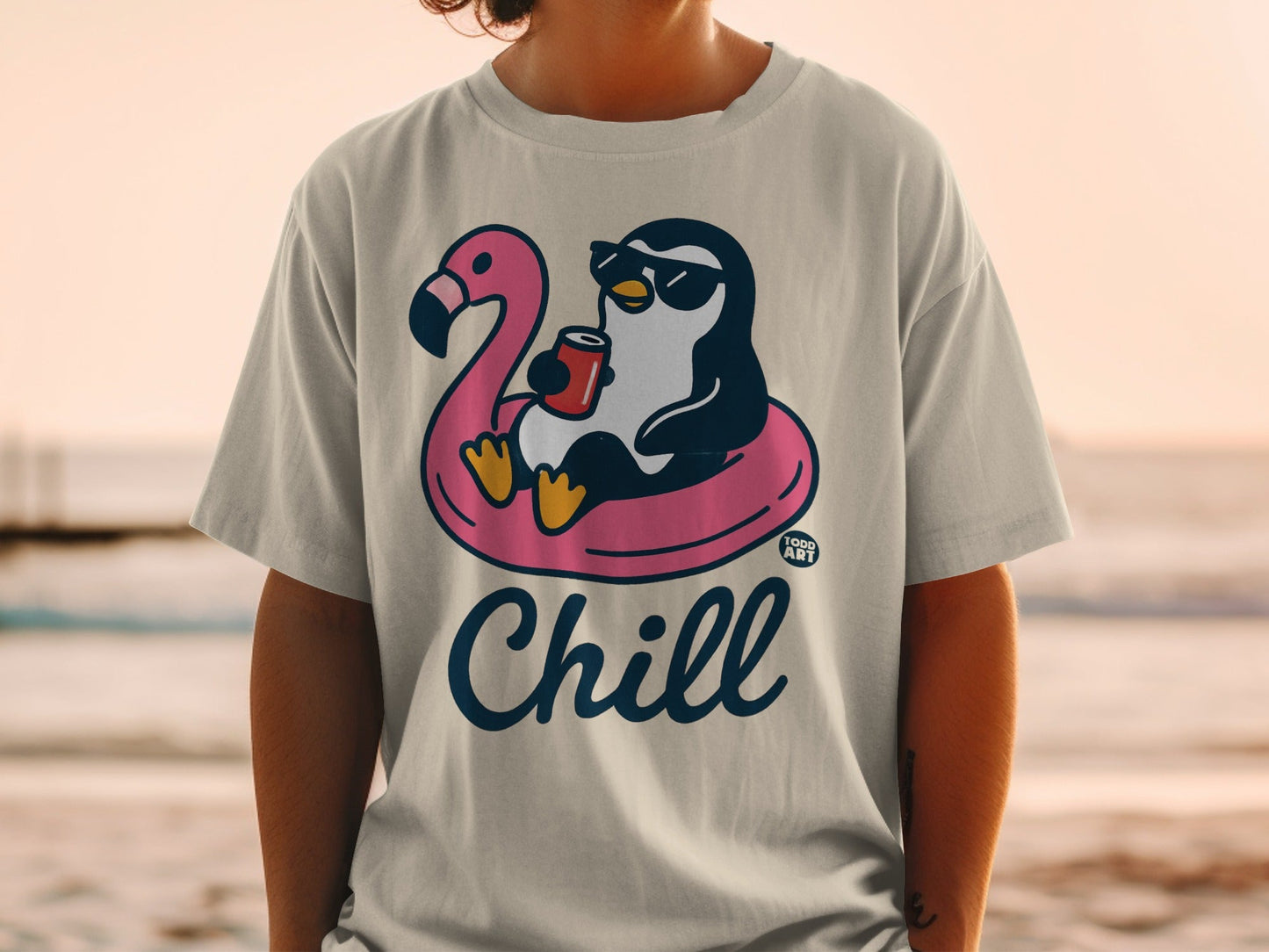 Penguin in sunglasses floats on flamingo pool float holding a drink, text "Chill".