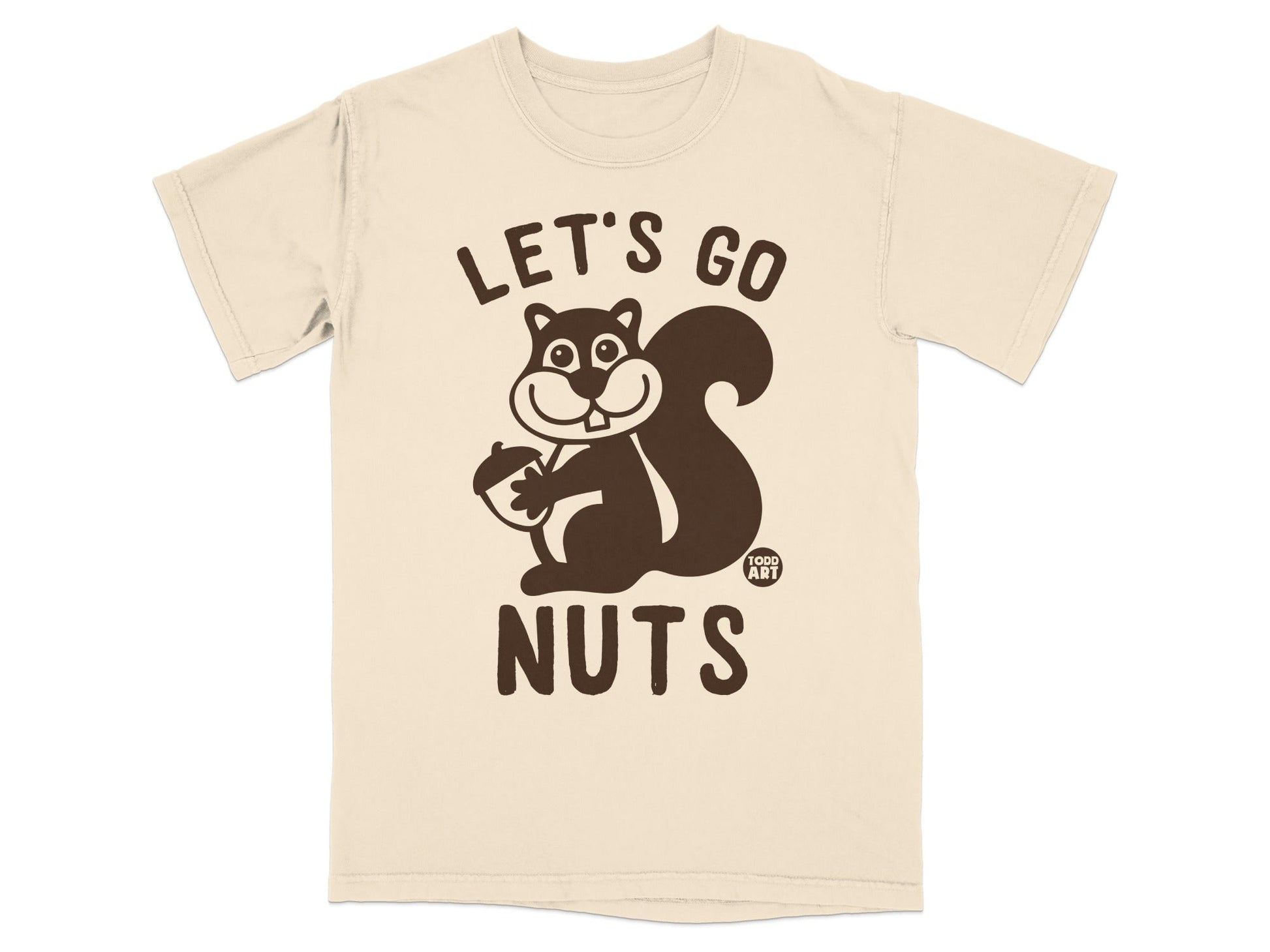 T-shirt with a cartoon squirrel holding an acorn and the text "LET'S GO NUTS".