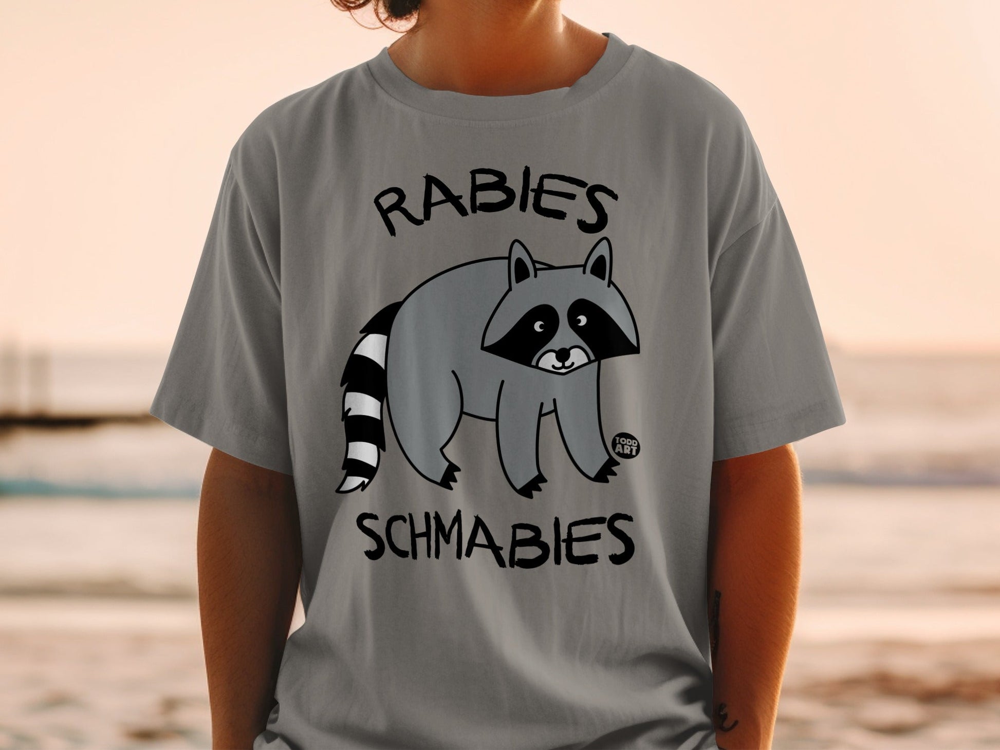 Gray t-shirt with raccoon graphic and text "RABIES SCHMABIES".