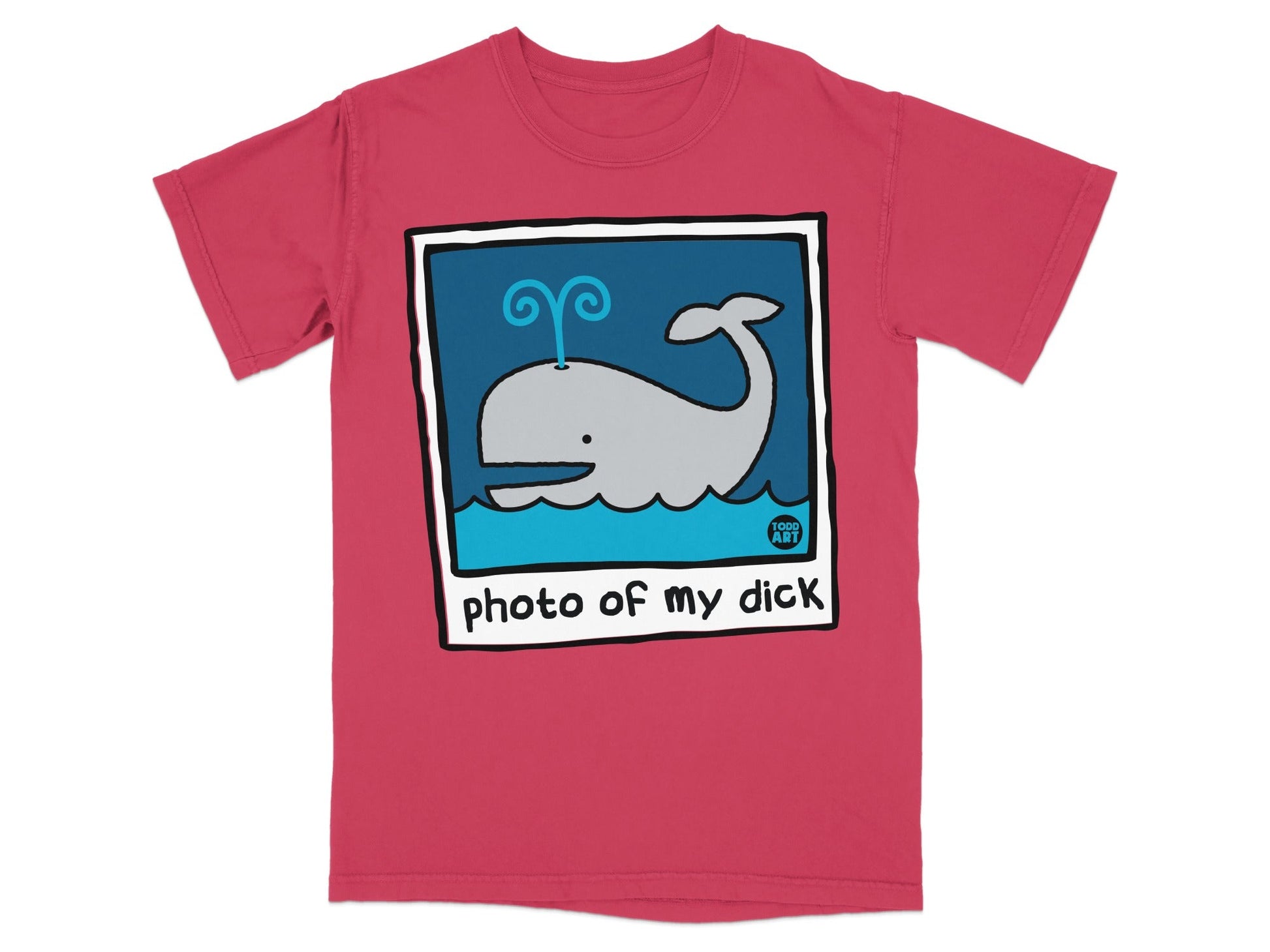 Red t-shirt featuring a cartoon whale and "photo of my dick" text.