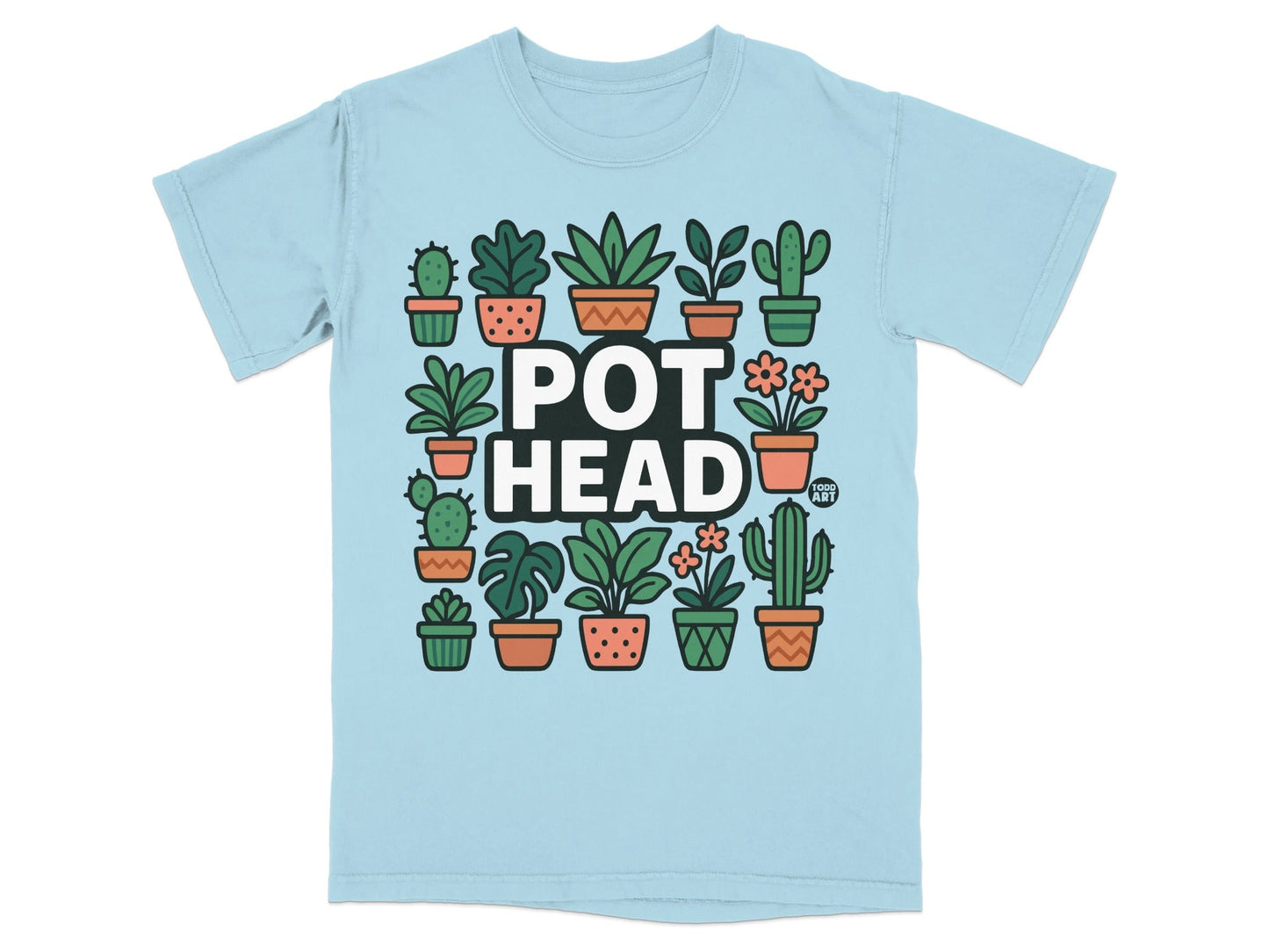 Light blue t-shirt with "POT HEAD" text surrounded by potted plants and flowers.