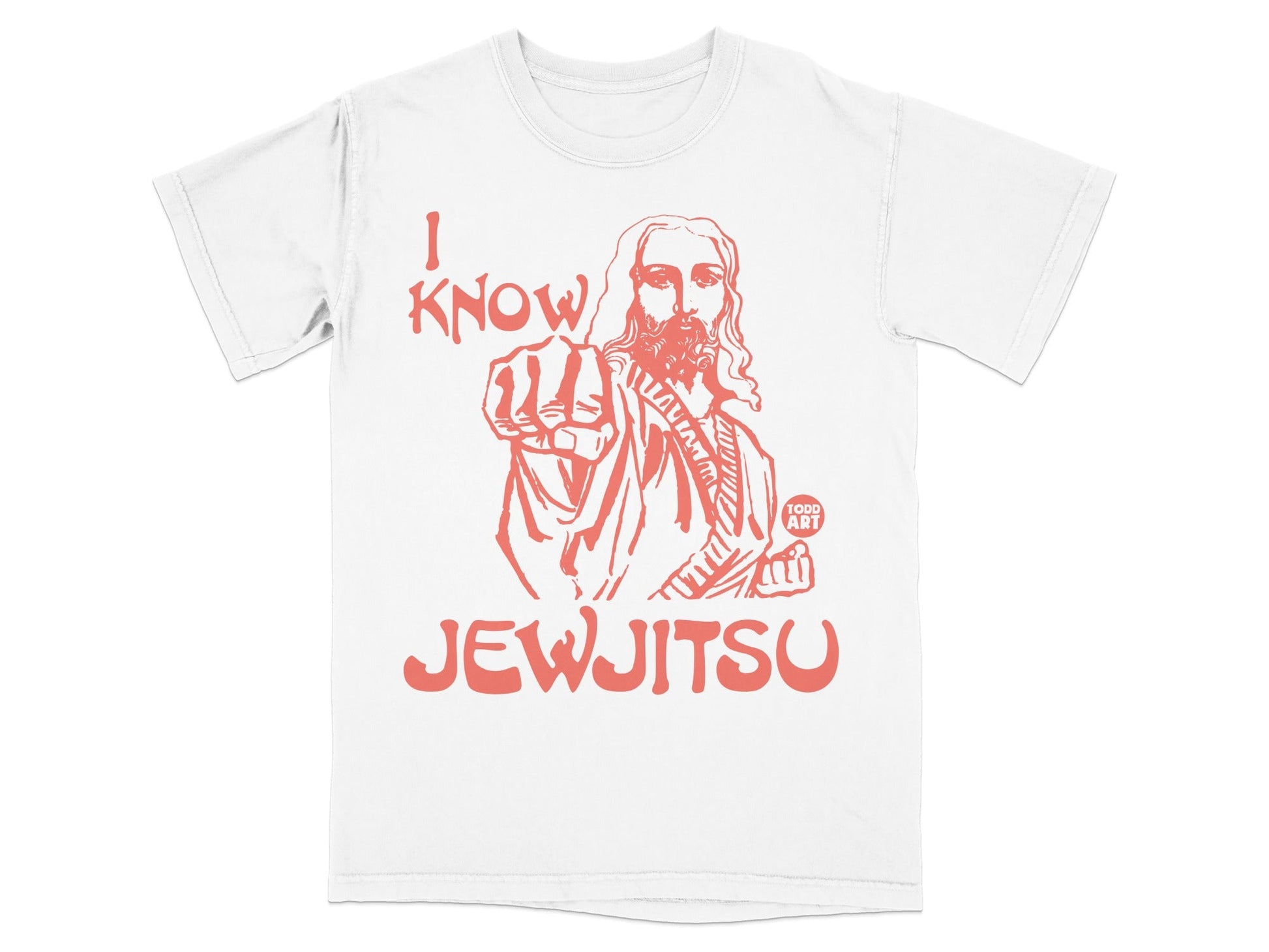 White t-shirt with red graphic of Jesus pointing and "I Know JewJitsu" text.