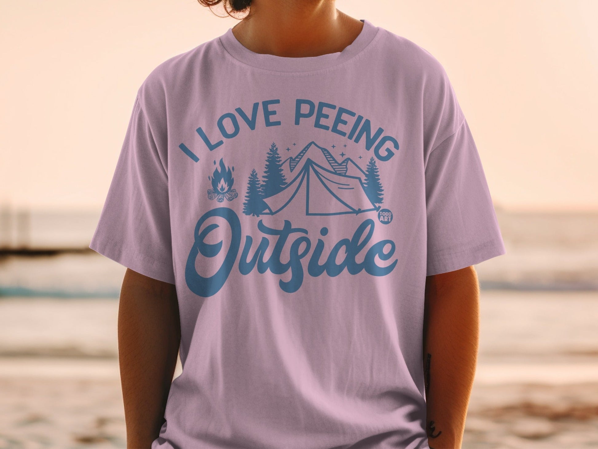 I love peeing outside graphic tee with tent and campfire.