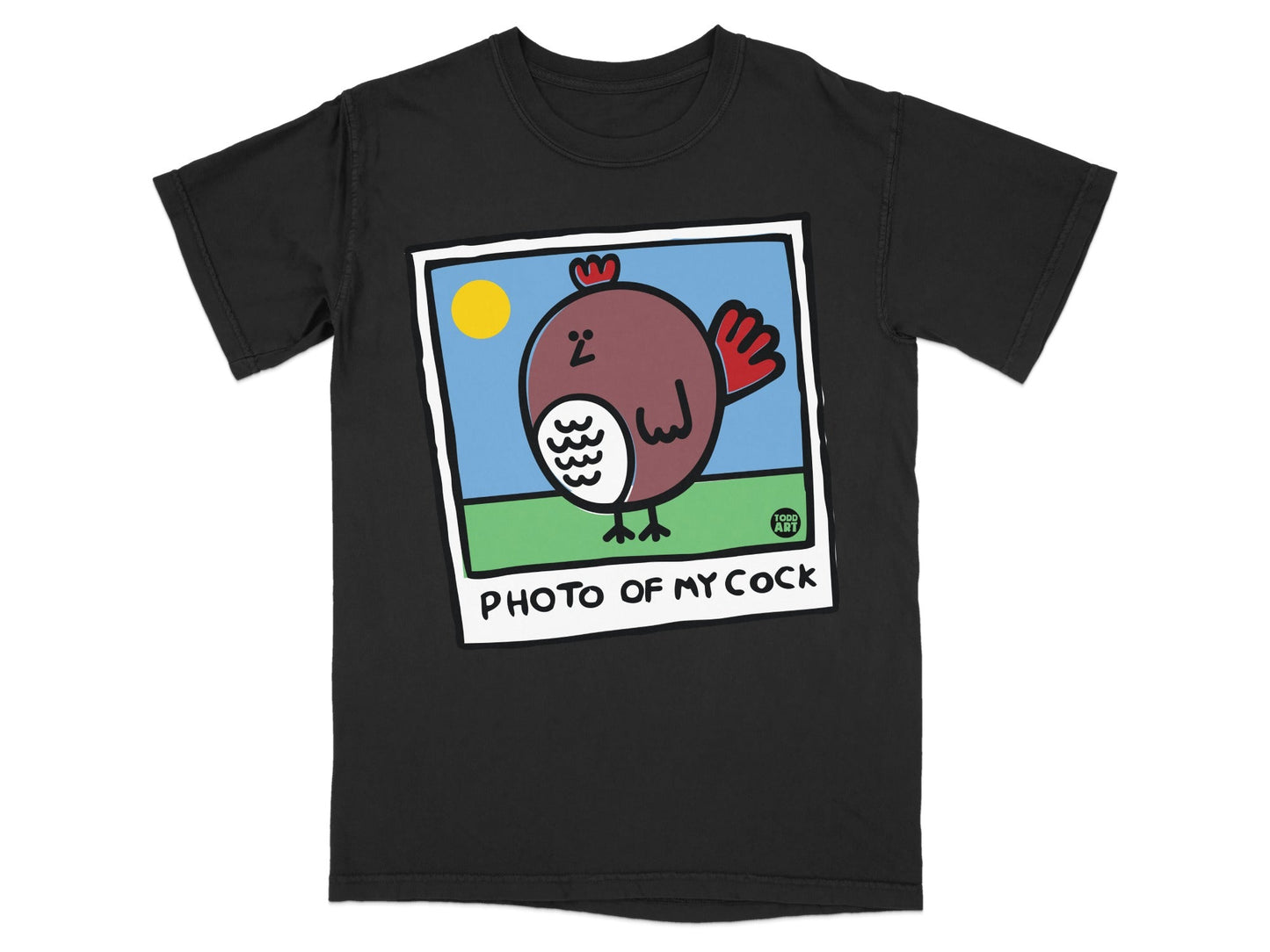 Black t-shirt with a cartoon chicken and "PHOTO OF MY COCK" text.
