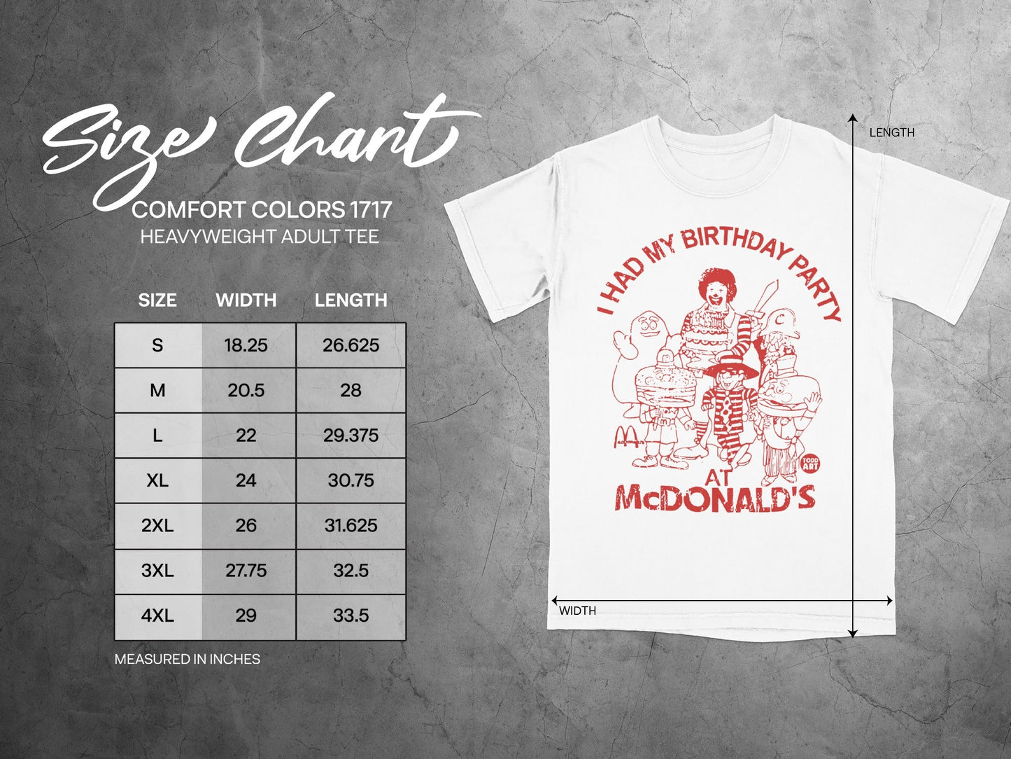 Size chart for a Comfort Colors 1717 heavyweight adult tee.