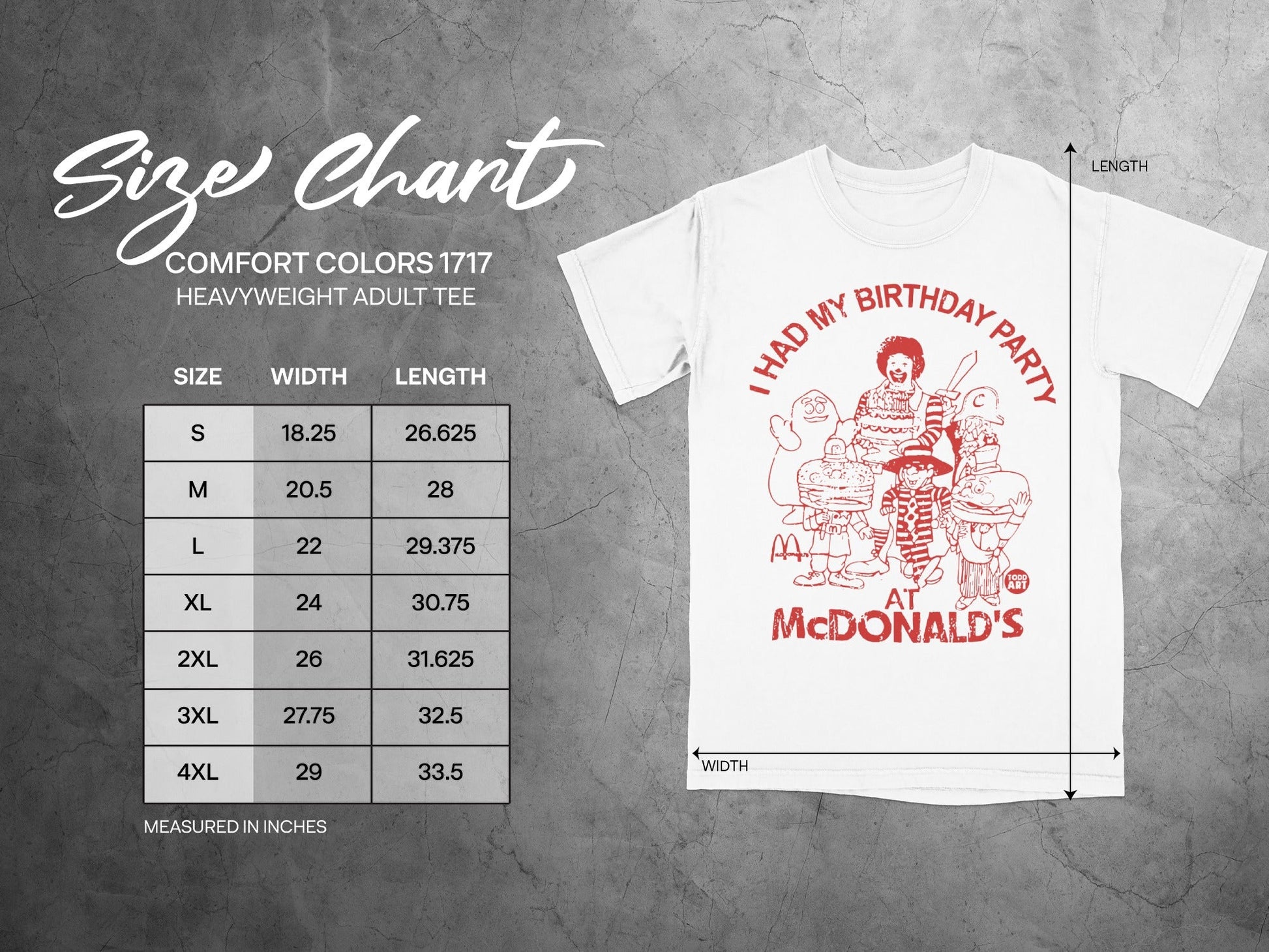 Size chart for a Comfort Colors 1717 heavyweight adult tee.