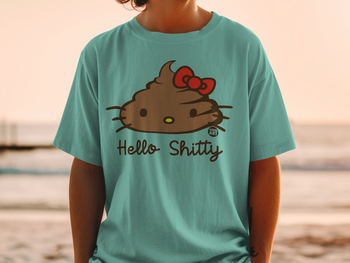 T-shirt with Hello Kitty-style poop character and "Hello Shitty" text.