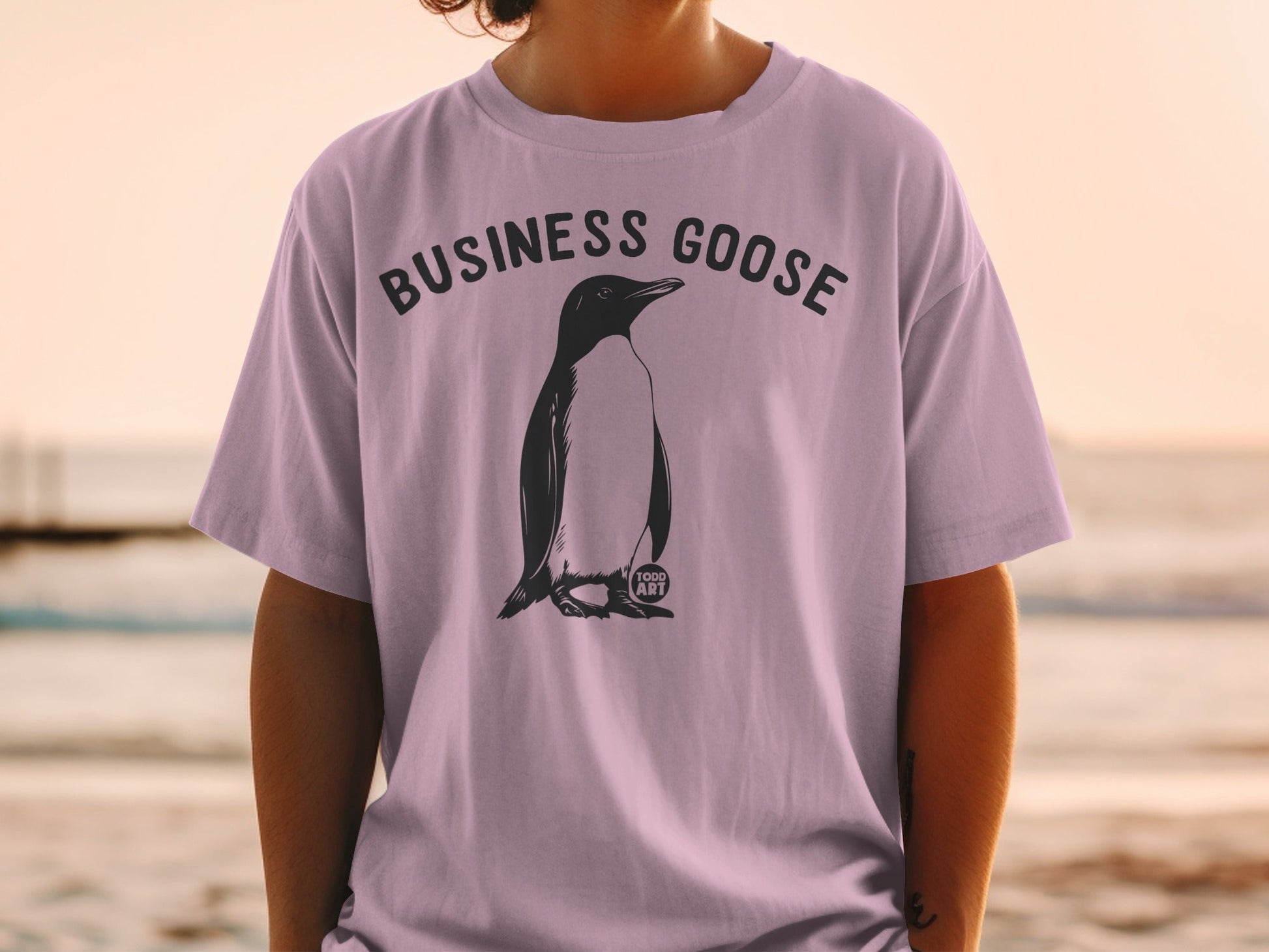 T-shirt with "BUSINESS GOOSE" text and penguin illustration.
