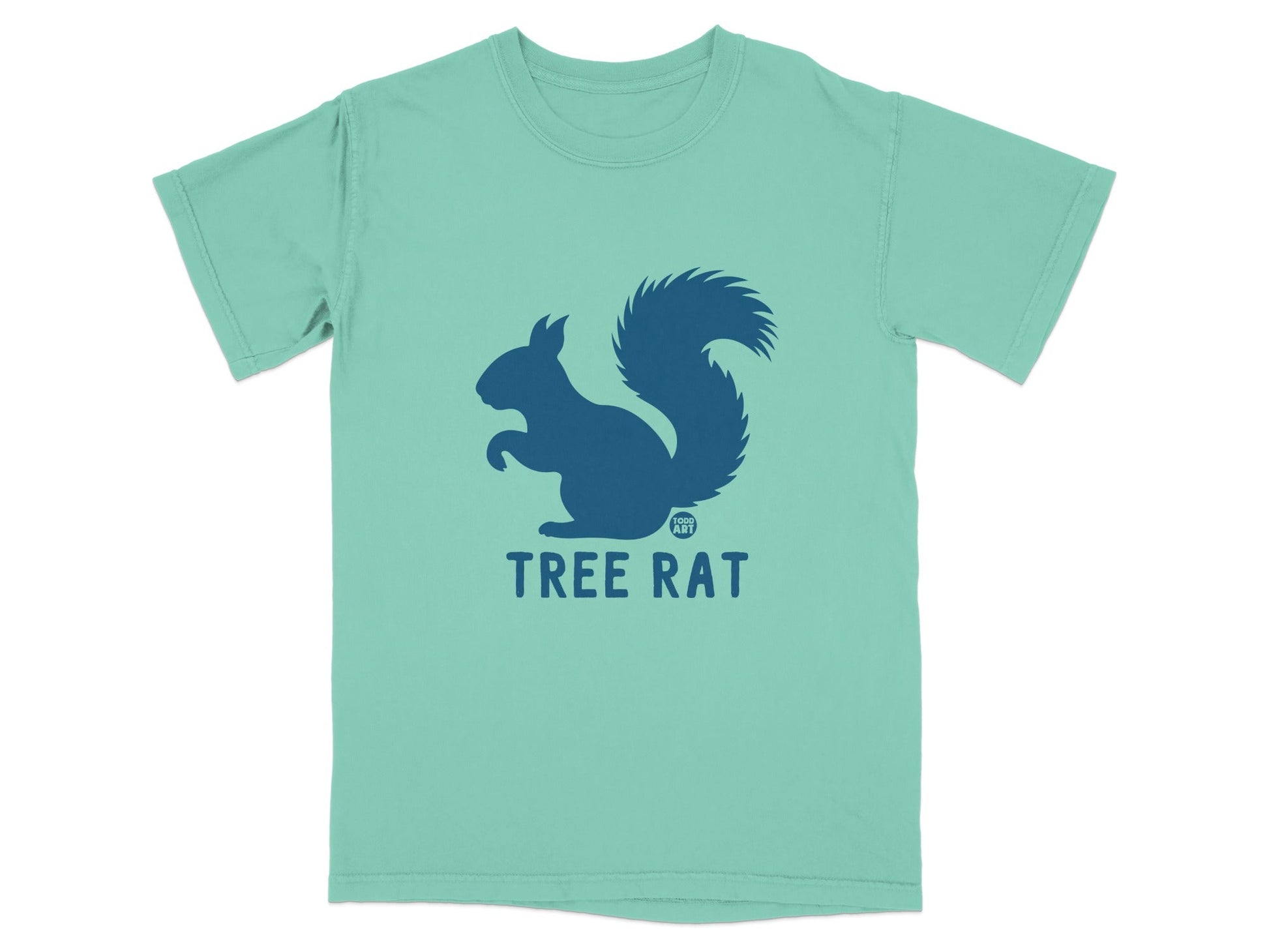 Teal t-shirt with blue squirrel graphic and "TREE RAT" text.