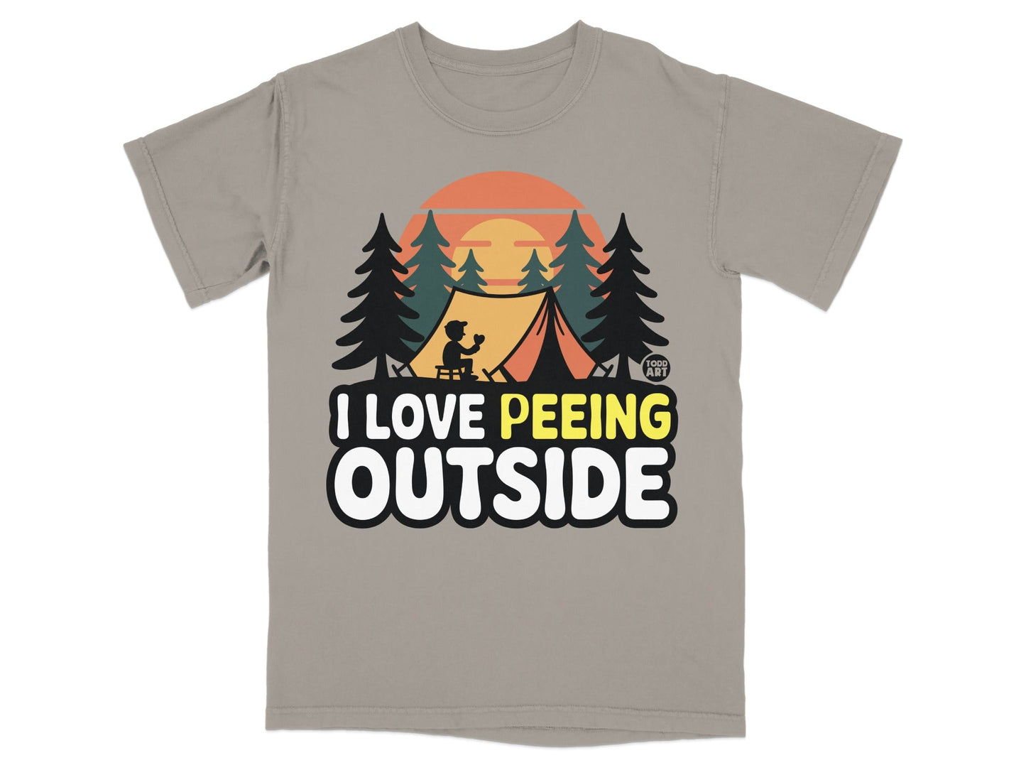 T-shirt with "I LOVE PEEING OUTSIDE" graphic and camping scene.