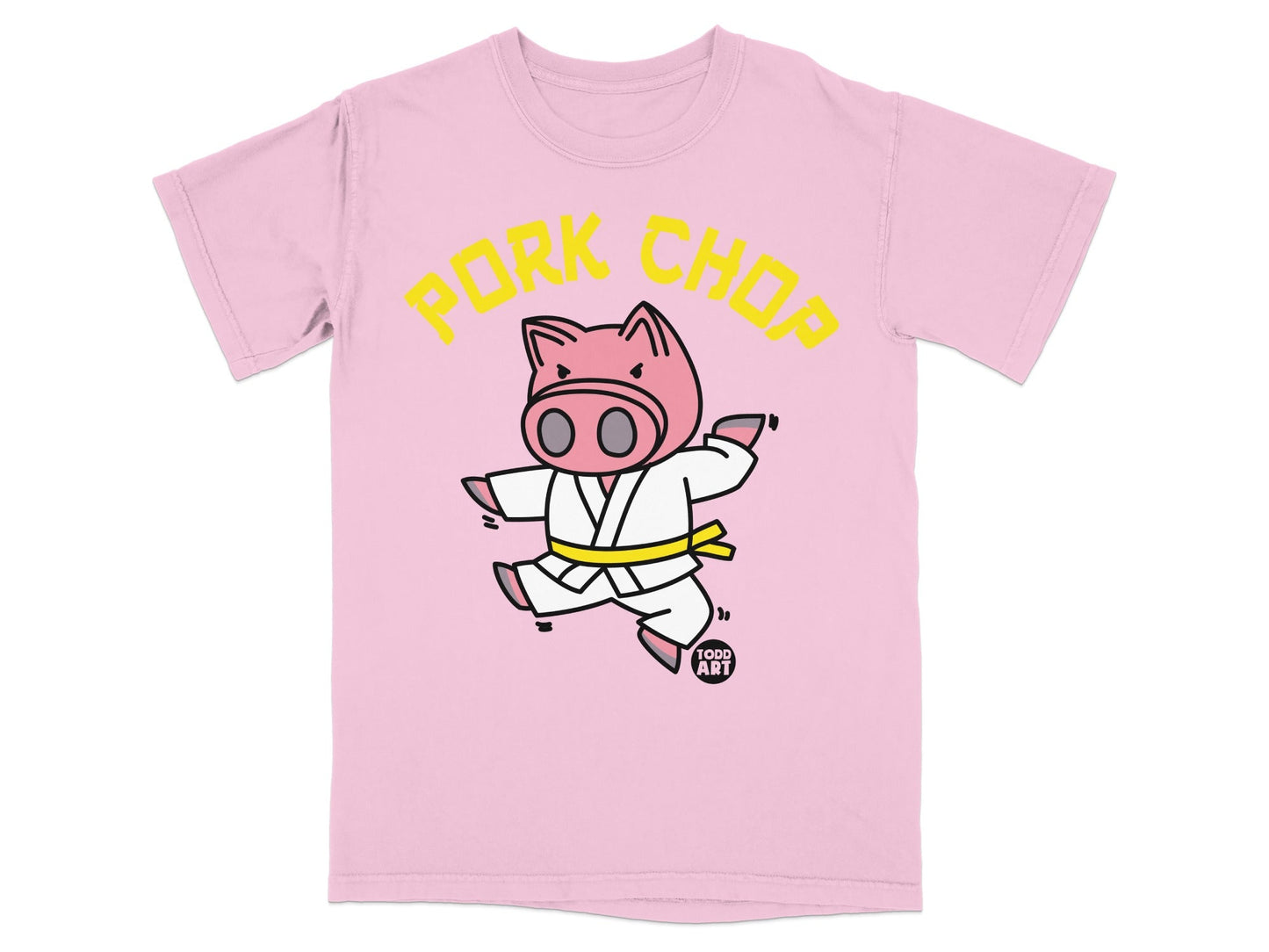 Pink t-shirt with a cartoon pig in a karate gi, text reads "PORK CHOP".