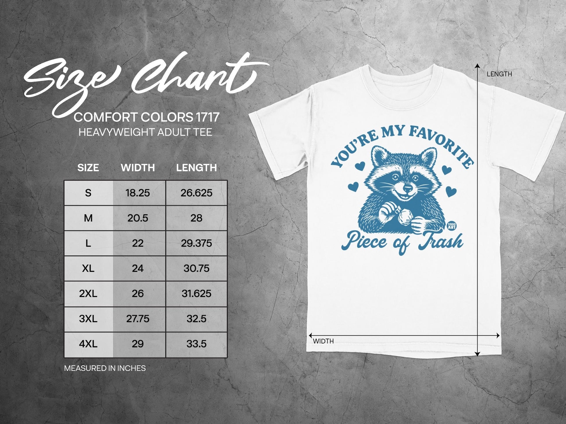Comfort Colors 1717 t-shirt size chart with raccoon graphic.