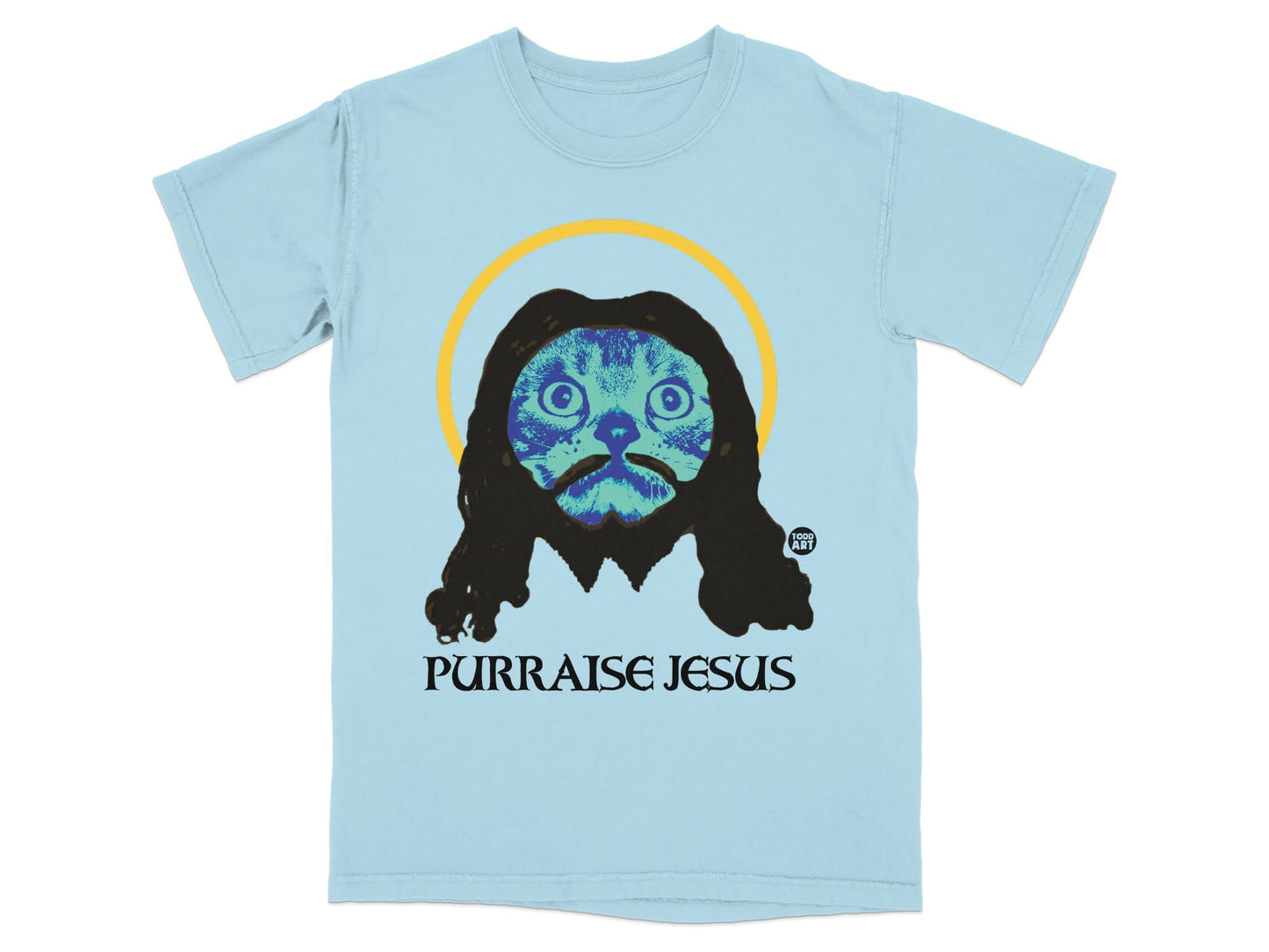 Funny Cat Design Purr-aise Jesus Graphic Tee Shirt