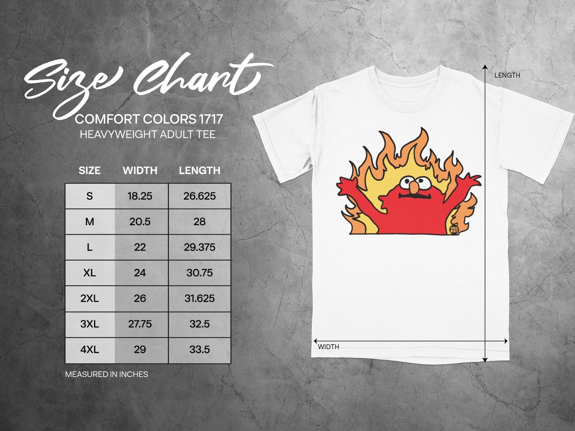 Comfort Colors 1717 heavyweight adult tee size chart with Elmo graphic.