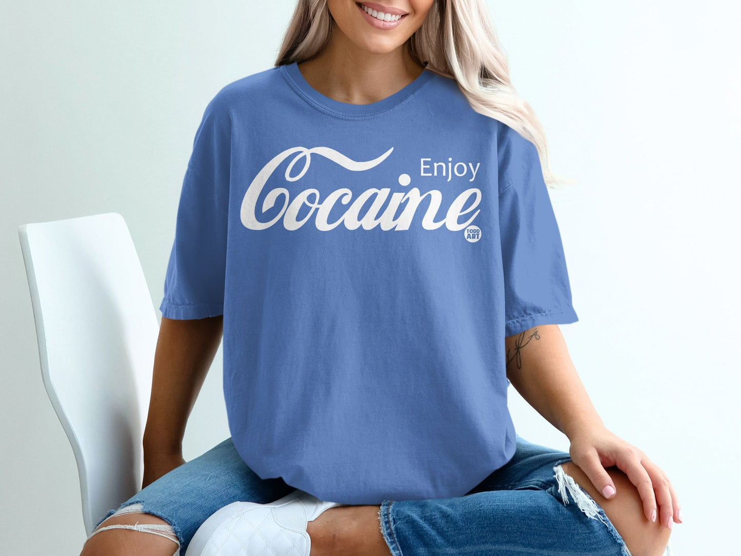 Enjoy Cocaine Logo Design Blue Graphic T-shirt