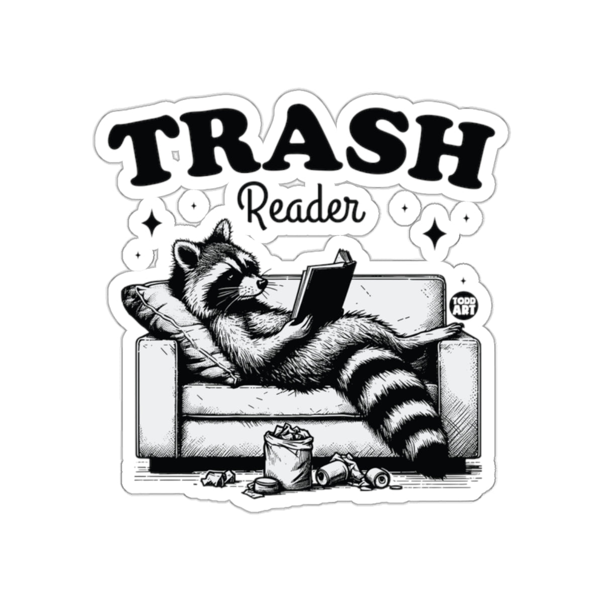 Cozy Raccoon Reading Trash Reader Print Sticker