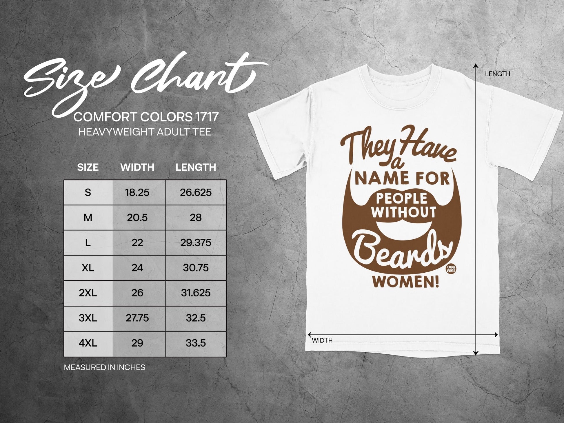 Size chart for Comfort Colors 1717 heavyweight adult tee.