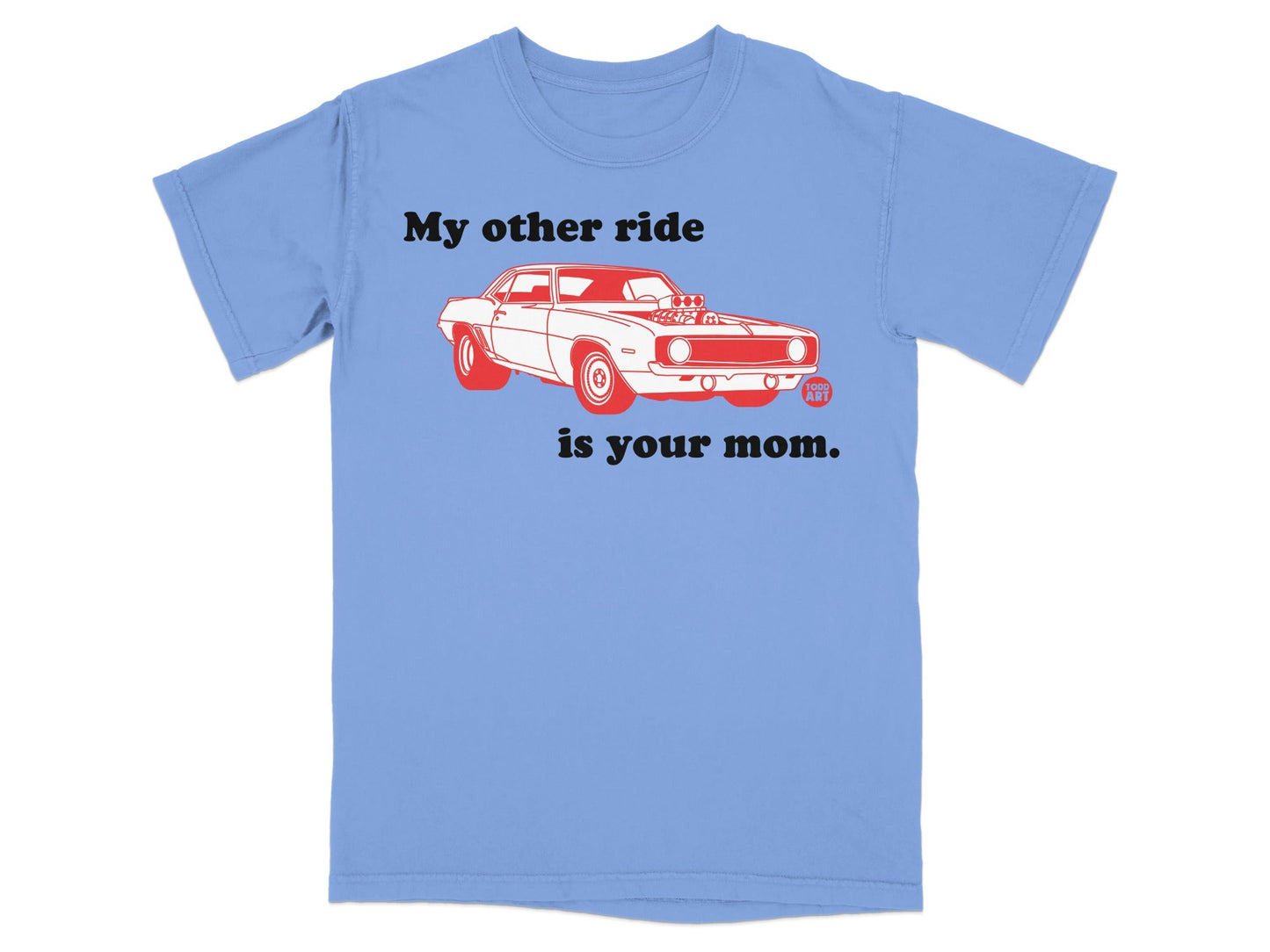 Light blue t-shirt with red graphic of a classic car and text.