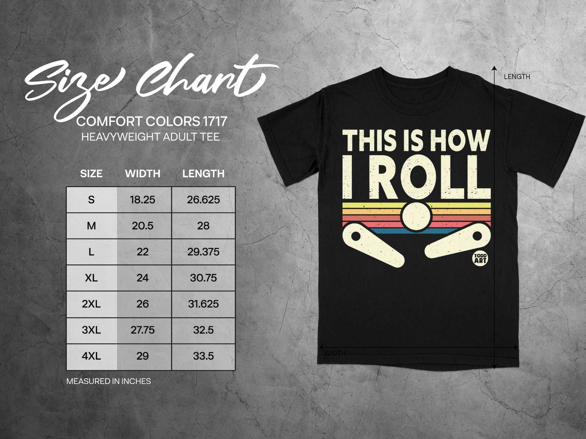 Size chart for Comfort Colors 1717 heavyweight adult tee with pinball graphic.
