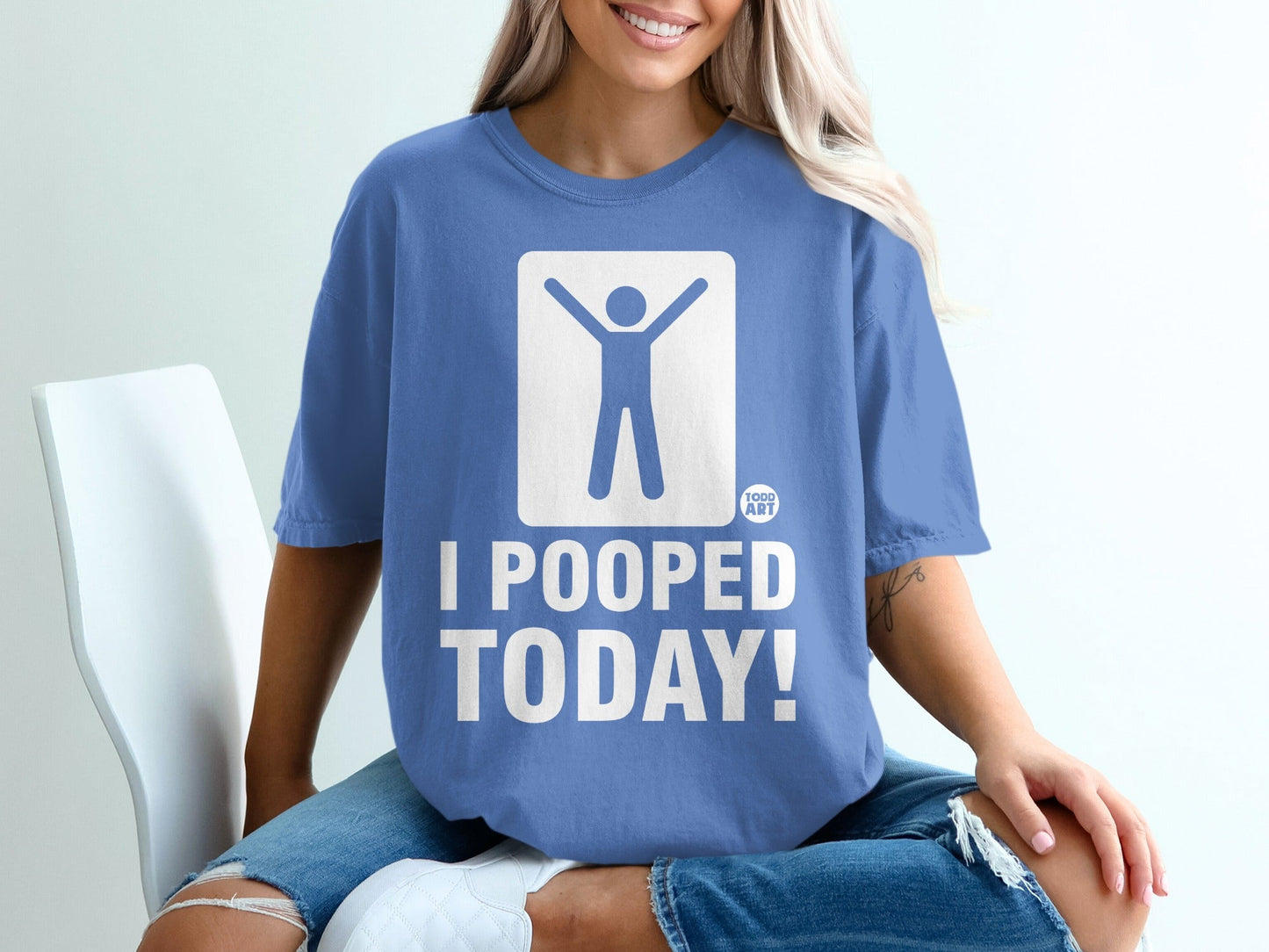 Blue t-shirt with white stick figure and "I POOPED TODAY!" text.