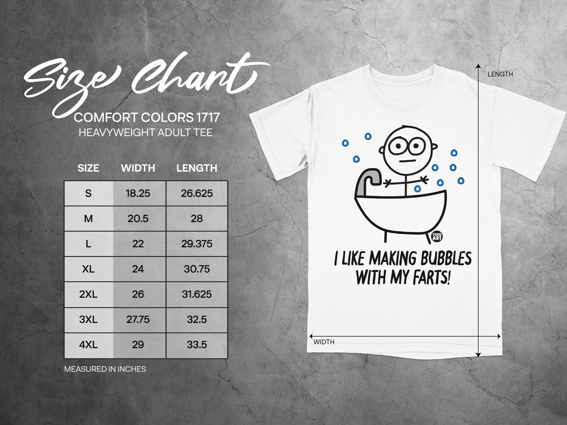 Size chart for Comfort Colors 1717 heavyweight adult tee with funny fart graphic.