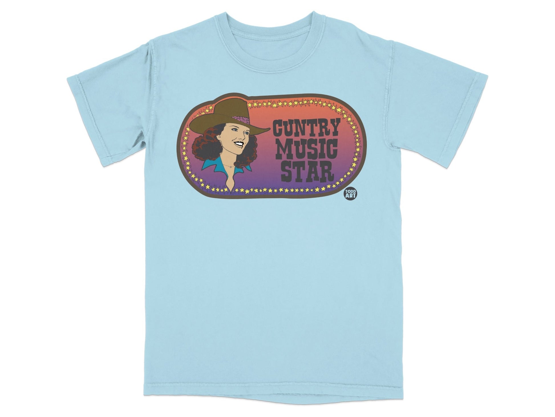 Light blue t-shirt with oval graphic featuring a woman and "GUNTRY MUSIC STAR" text.