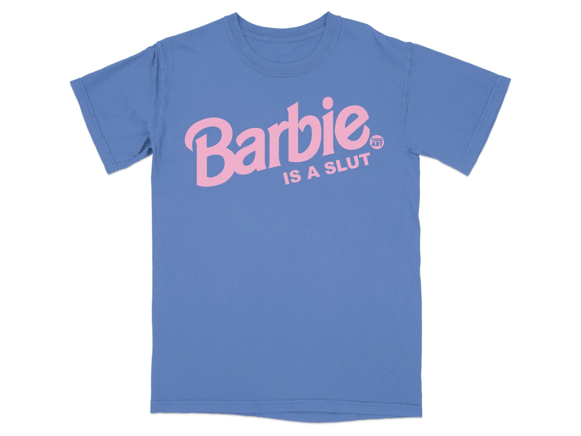 Blue t-shirt with pink text "Barbie IS A SLUT" and "SKIN ART" logo.