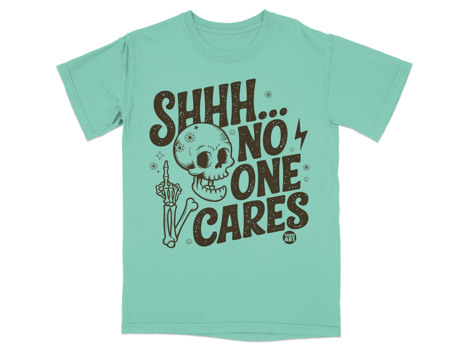 Teal t-shirt with "SHHH... NO ONE CARES" and skull graphic.