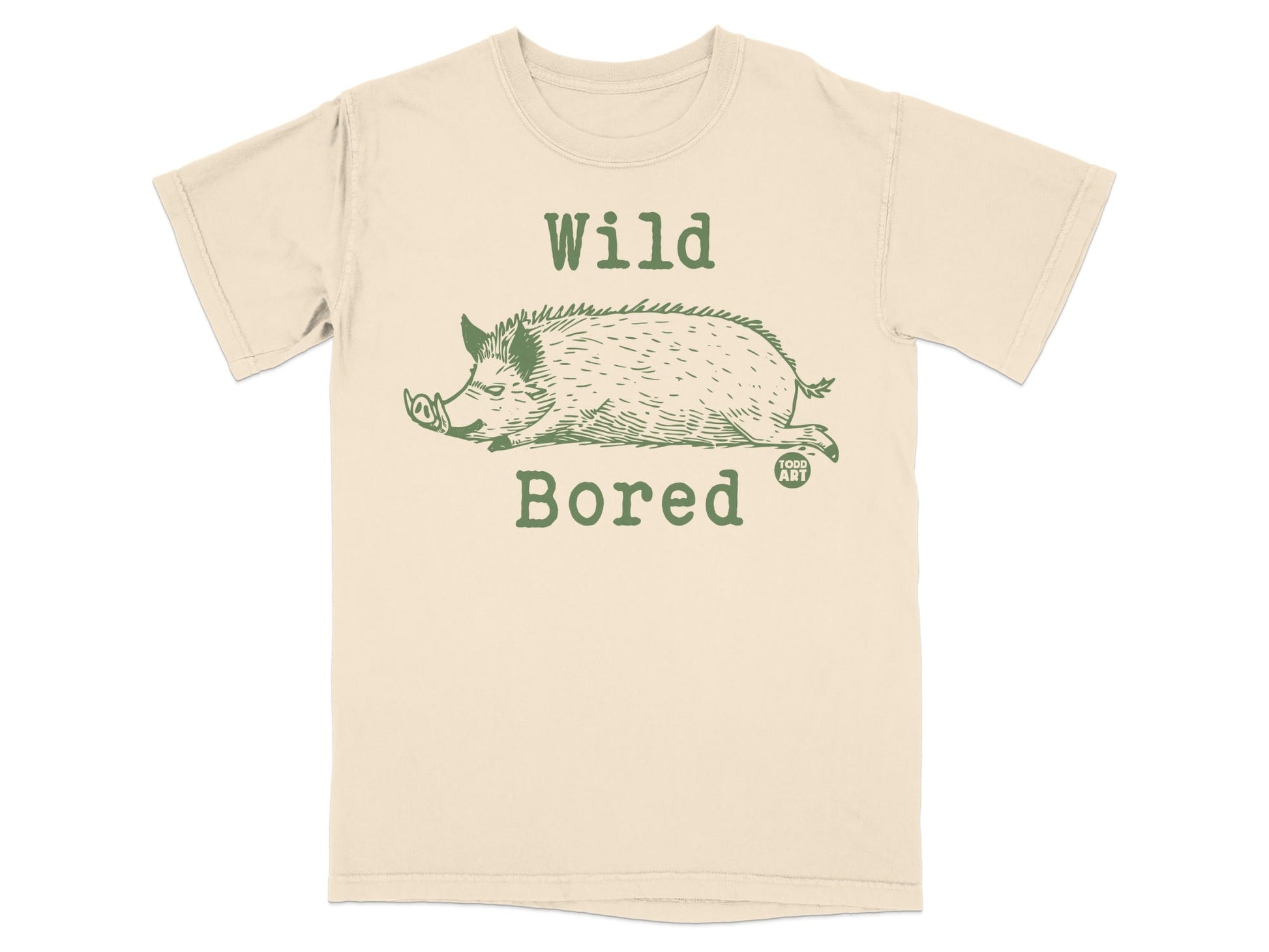 Cream t-shirt with green illustration of a wild boar and "Wild Bored" text.