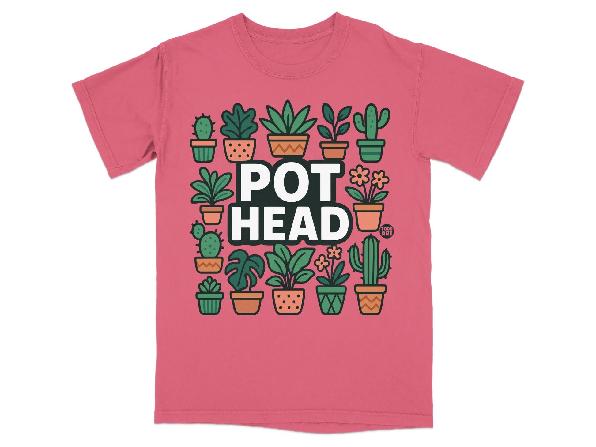 Pink t-shirt with "POT HEAD" and various potted plants in green and brown.