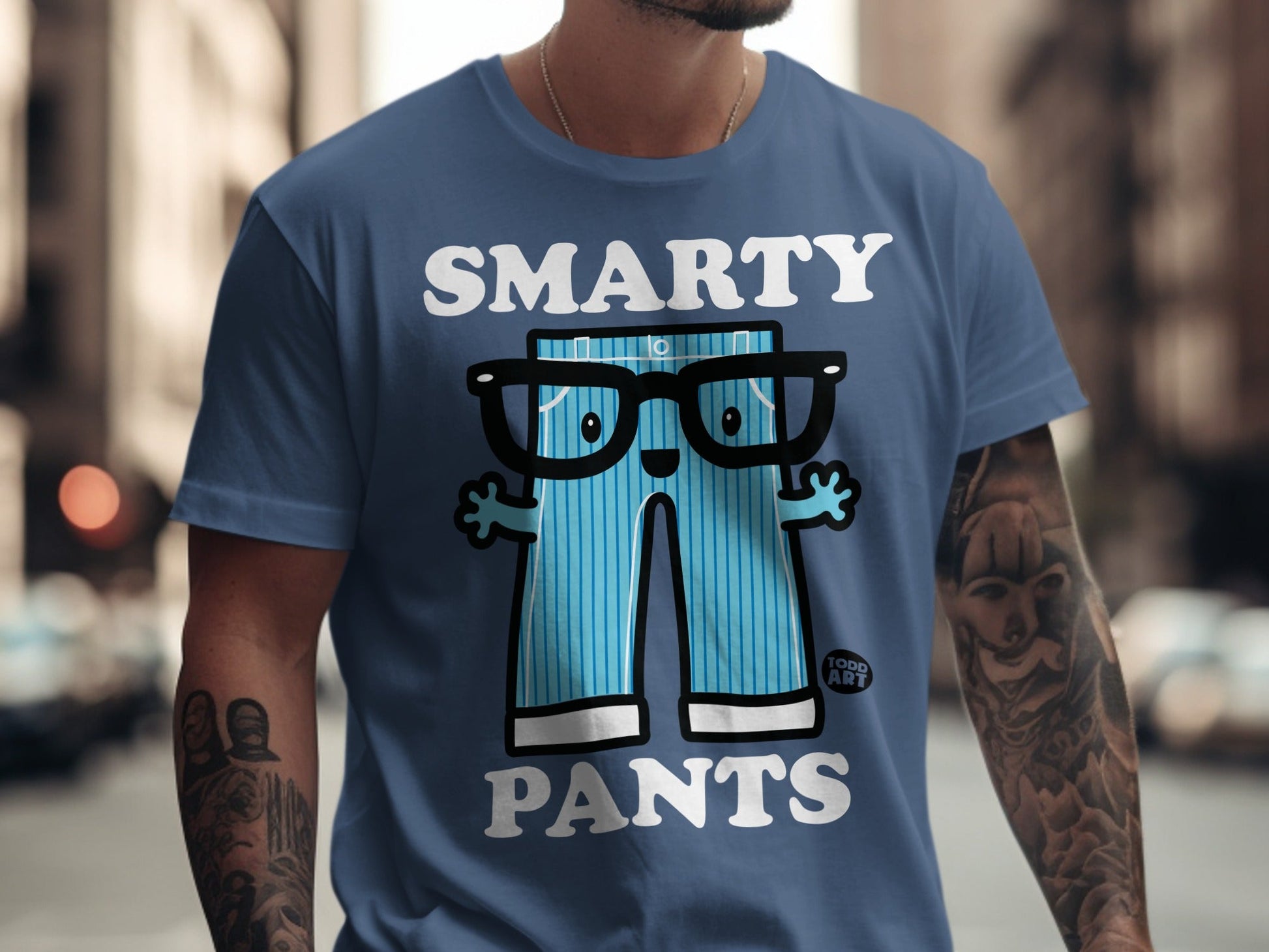 T-shirt with "SMARTY PANTS" text and cartoon pants with glasses.