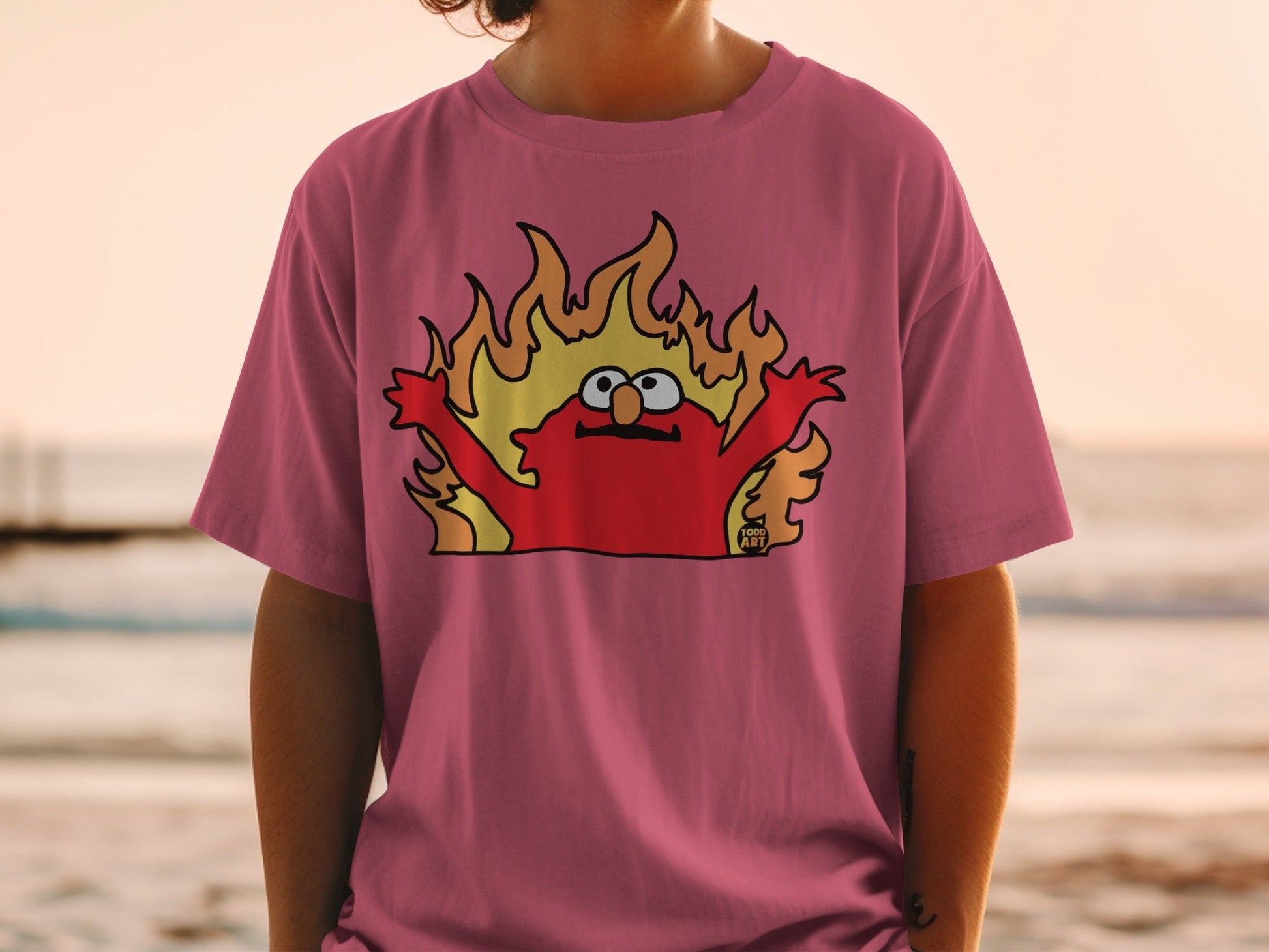 Elmo t-shirt with flames and "1000 ART" logo.