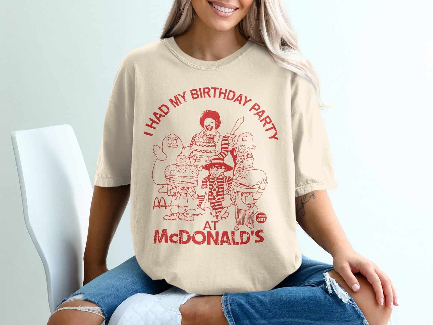 T-shirt with cartoon McDonald's characters and "I HAD MY BIRTHDAY PARTY AT MCDONALD'S" text.