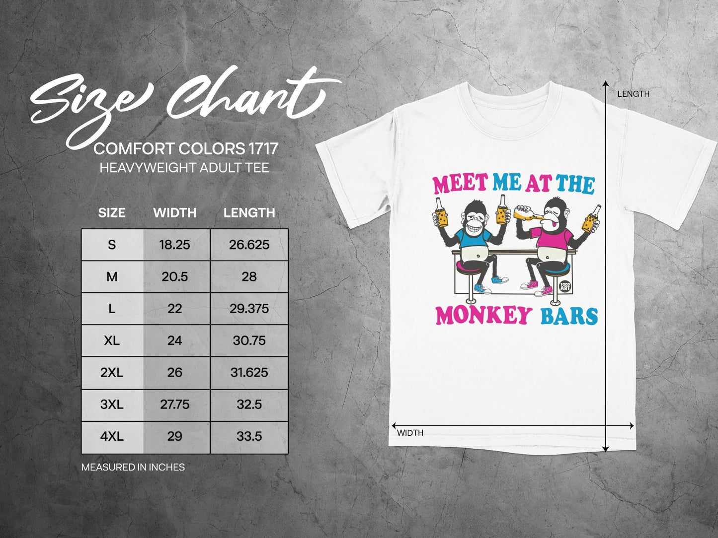 Size chart for Comfort Colors 1717 heavyweight adult tee with graphic.