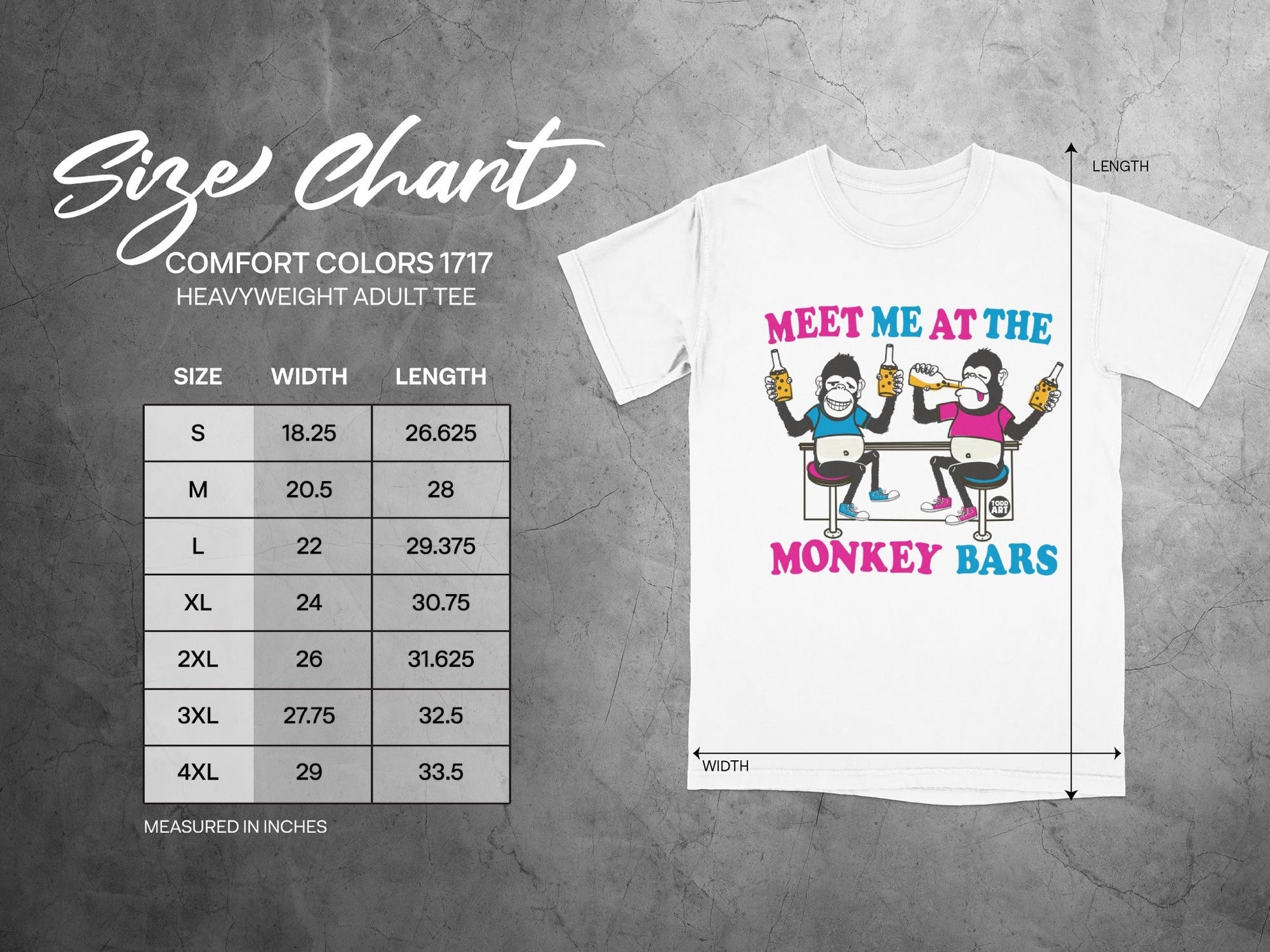Size chart for Comfort Colors 1717 heavyweight adult tee with graphic.