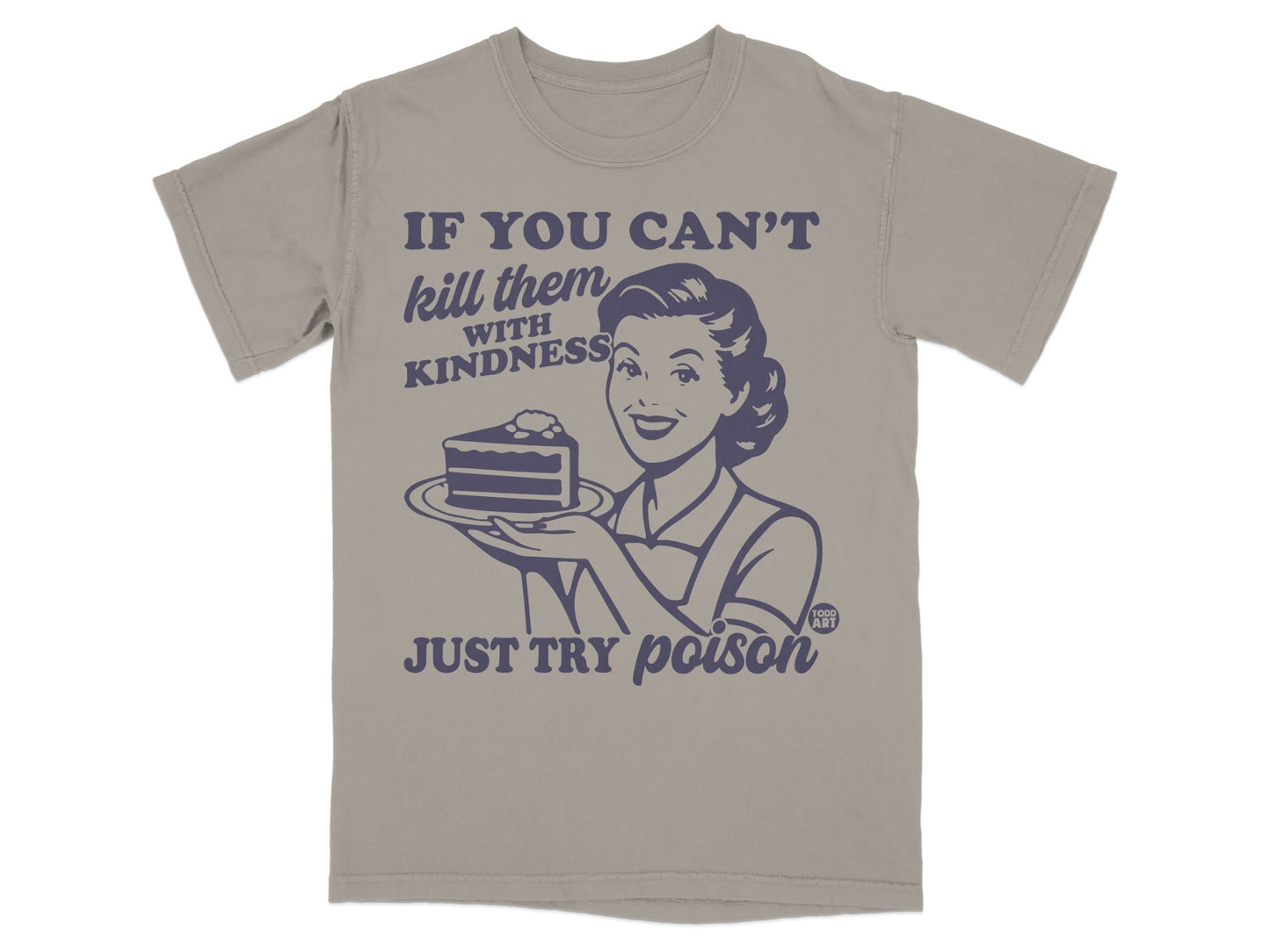 Graphic t-shirt with a vintage woman holding a cake and text.