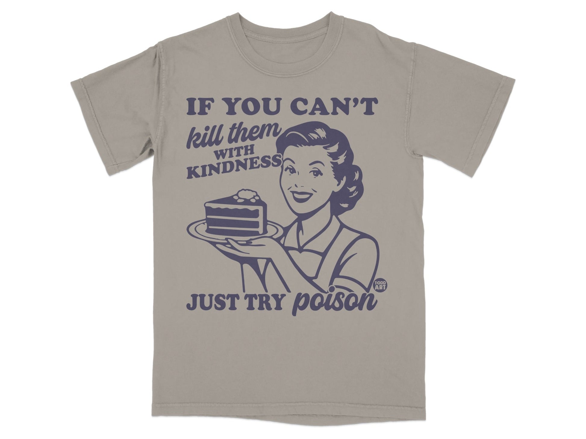 Graphic t-shirt with a vintage woman holding a cake and text.