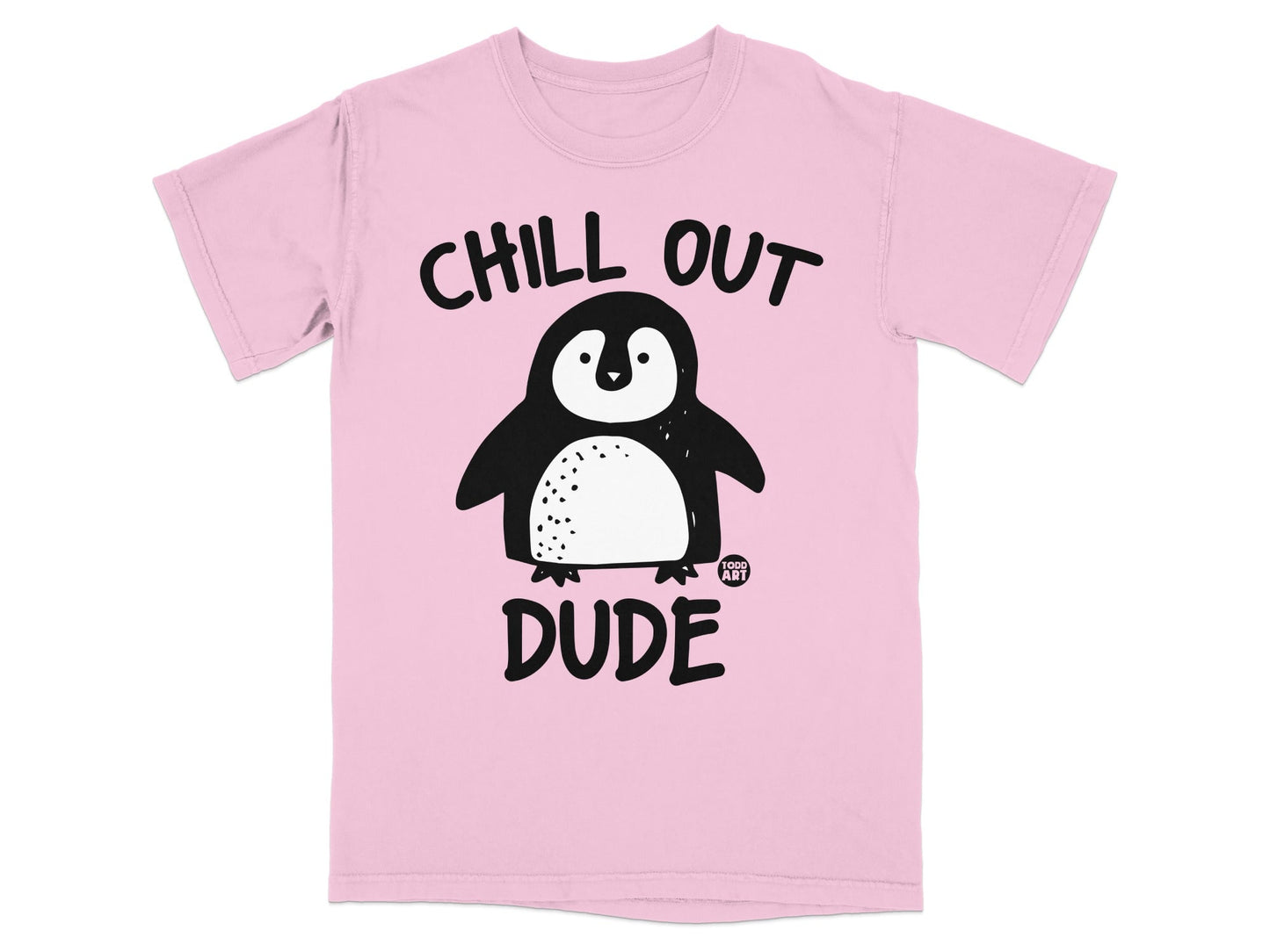 Pink t-shirt with a cartoon penguin and the text "CHILL OUT DUDE".