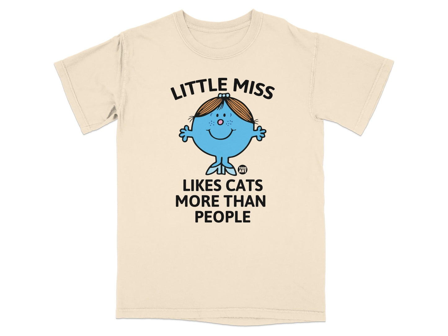 Little Miss character with text "LITTLE MISS LIKES CATS MORE THAN PEOPLE".