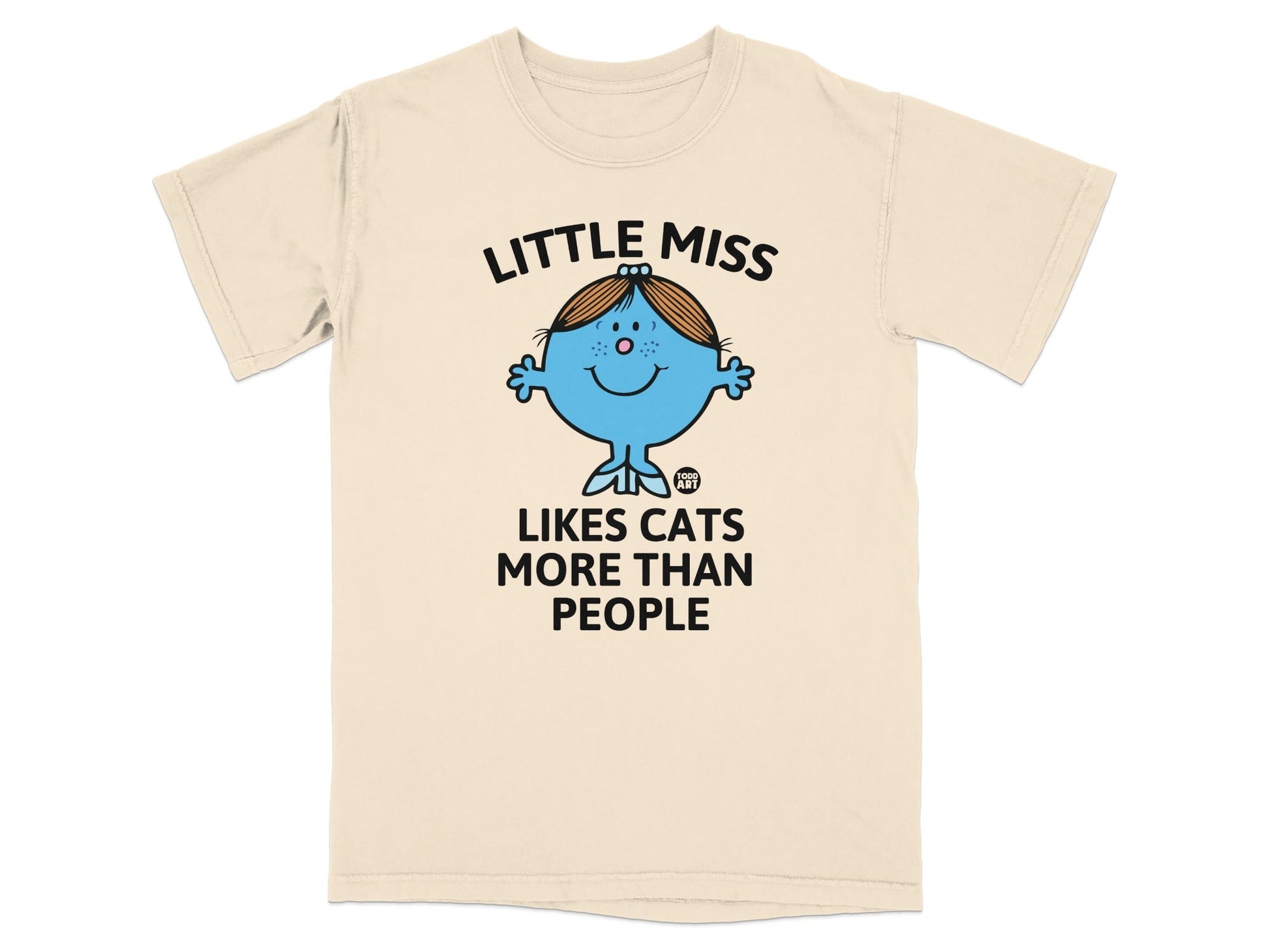 Little Miss character with text "LITTLE MISS LIKES CATS MORE THAN PEOPLE".