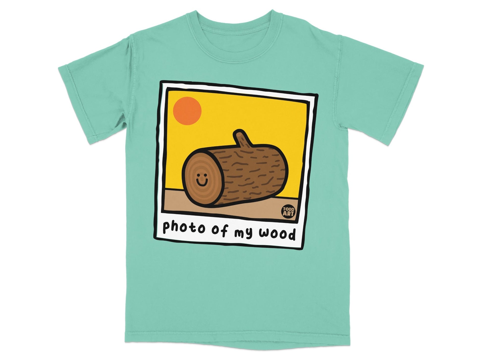 T-shirt with cartoon log smiling with text "photo of my wood".