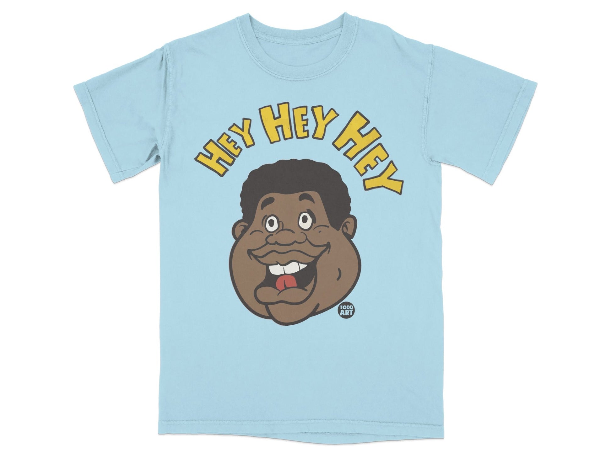 Light blue t-shirt with cartoon face and "HEY HEY HEY" text.
